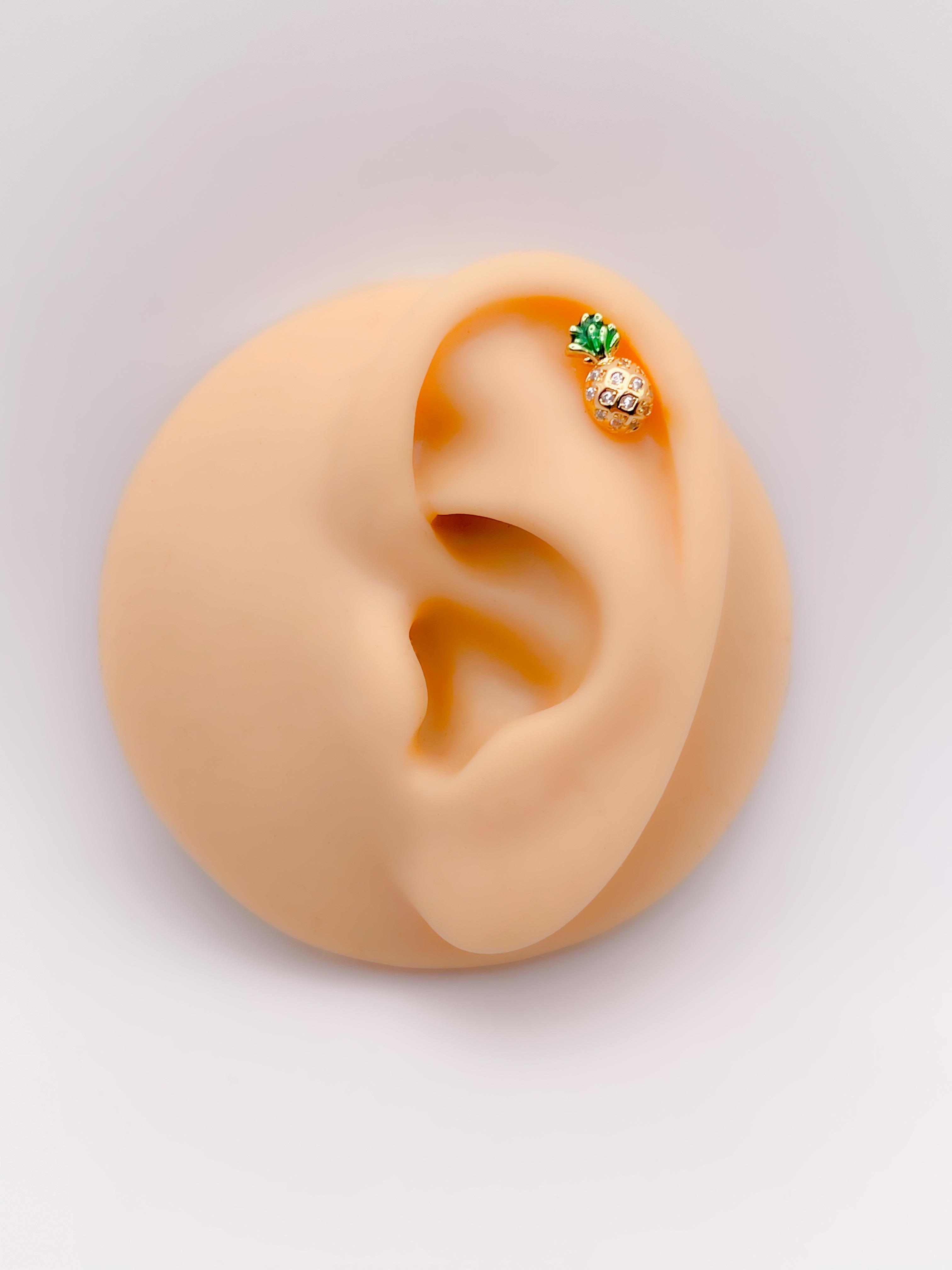 Cerrahi Çelik Piercing Zirkon Taşlı Ananas Figürlü Kıkırdak Helix Tragus Piercing(1adet)