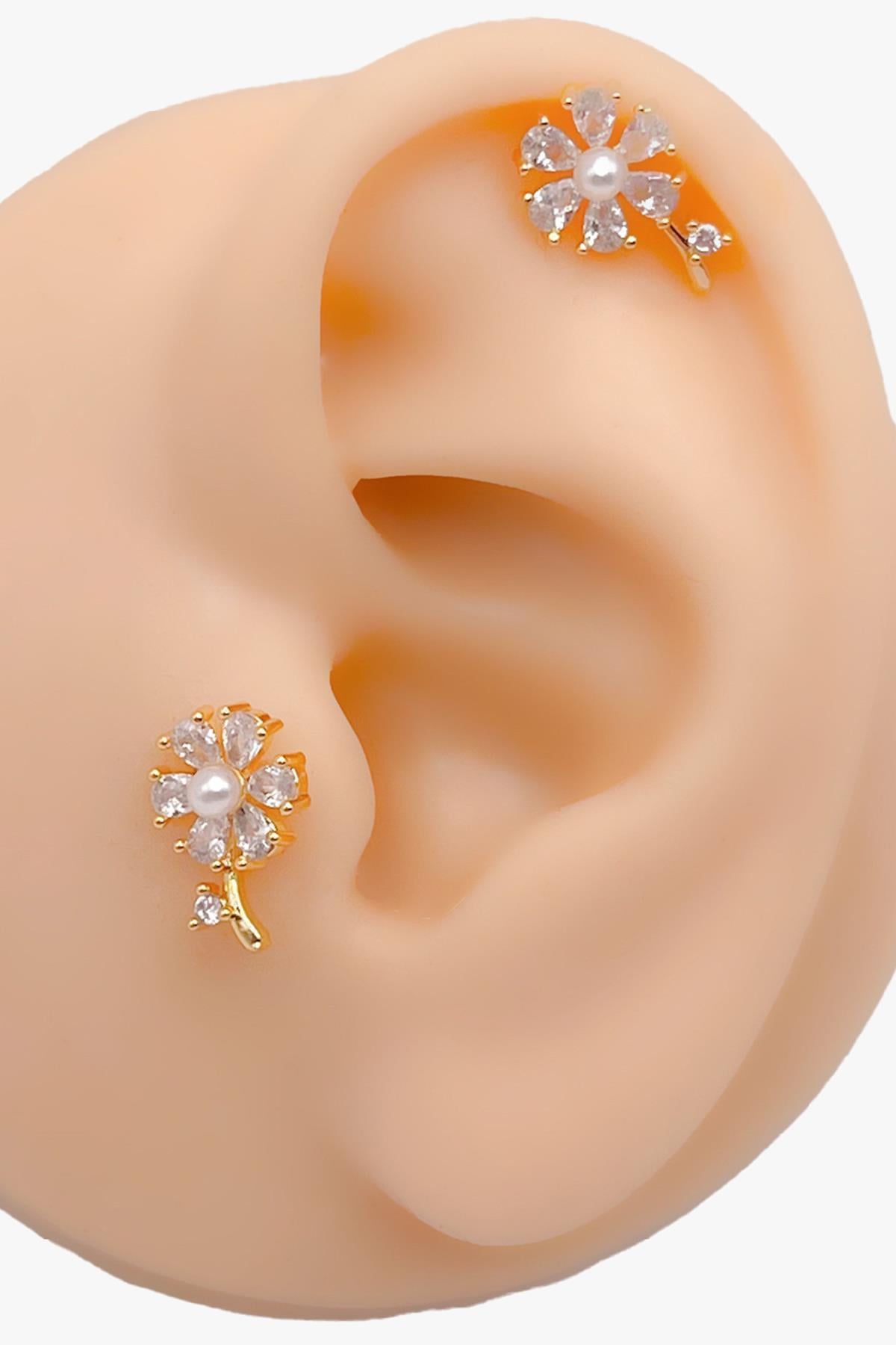 Cerrahi Çelik Piercing Zirkon Taşlı İncili Çiçek Figürlü Kıkırdak Helix Tragus Piercing (1adet)
