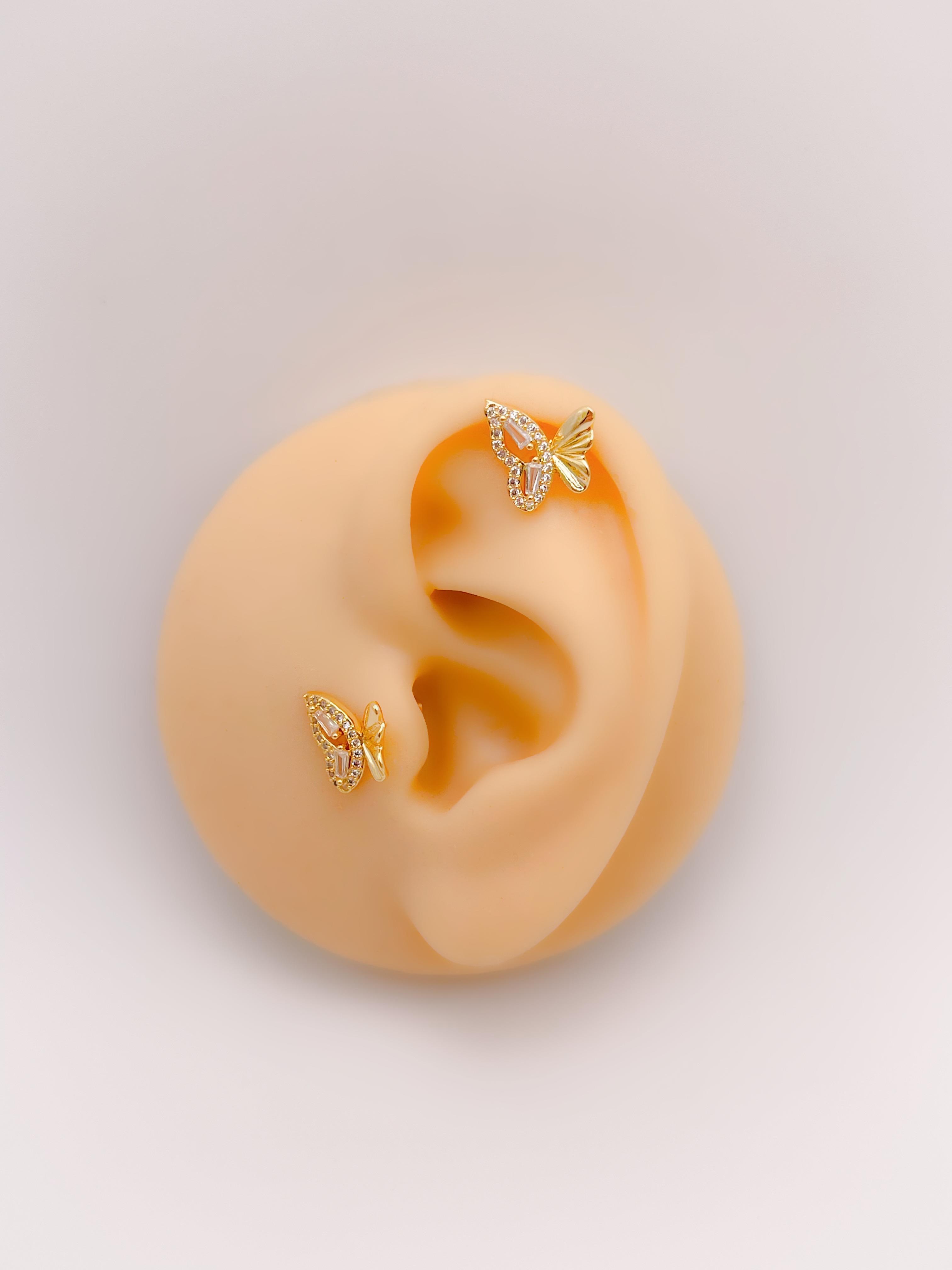 Cerrahi Çelik Piercing Zirkon Taşlı Plaka Kelebek Helix Tragus Piercing (1adet)