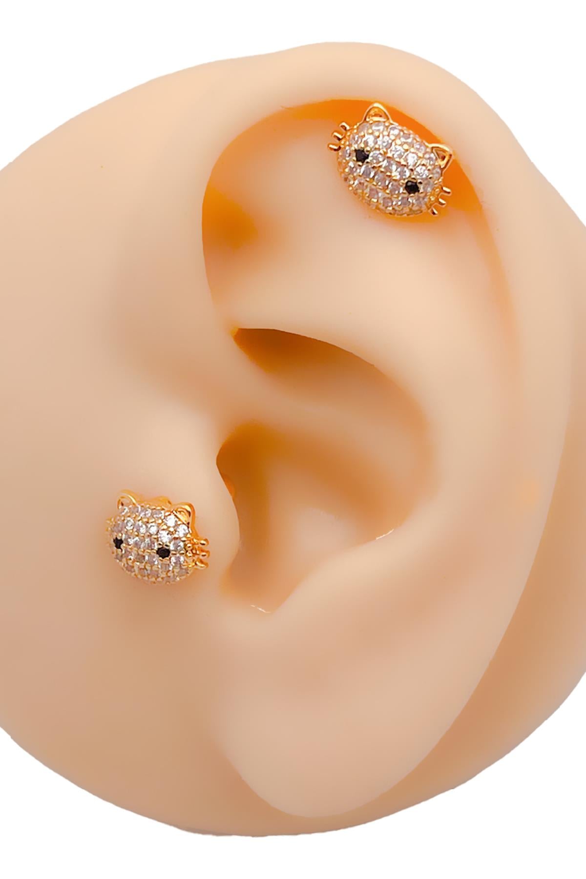 Cerrrahi Çelik Zirkon Taşlı Kitty (Minnoş Kedi) Kıkırdak Tragus Helix Piercing (1adet)