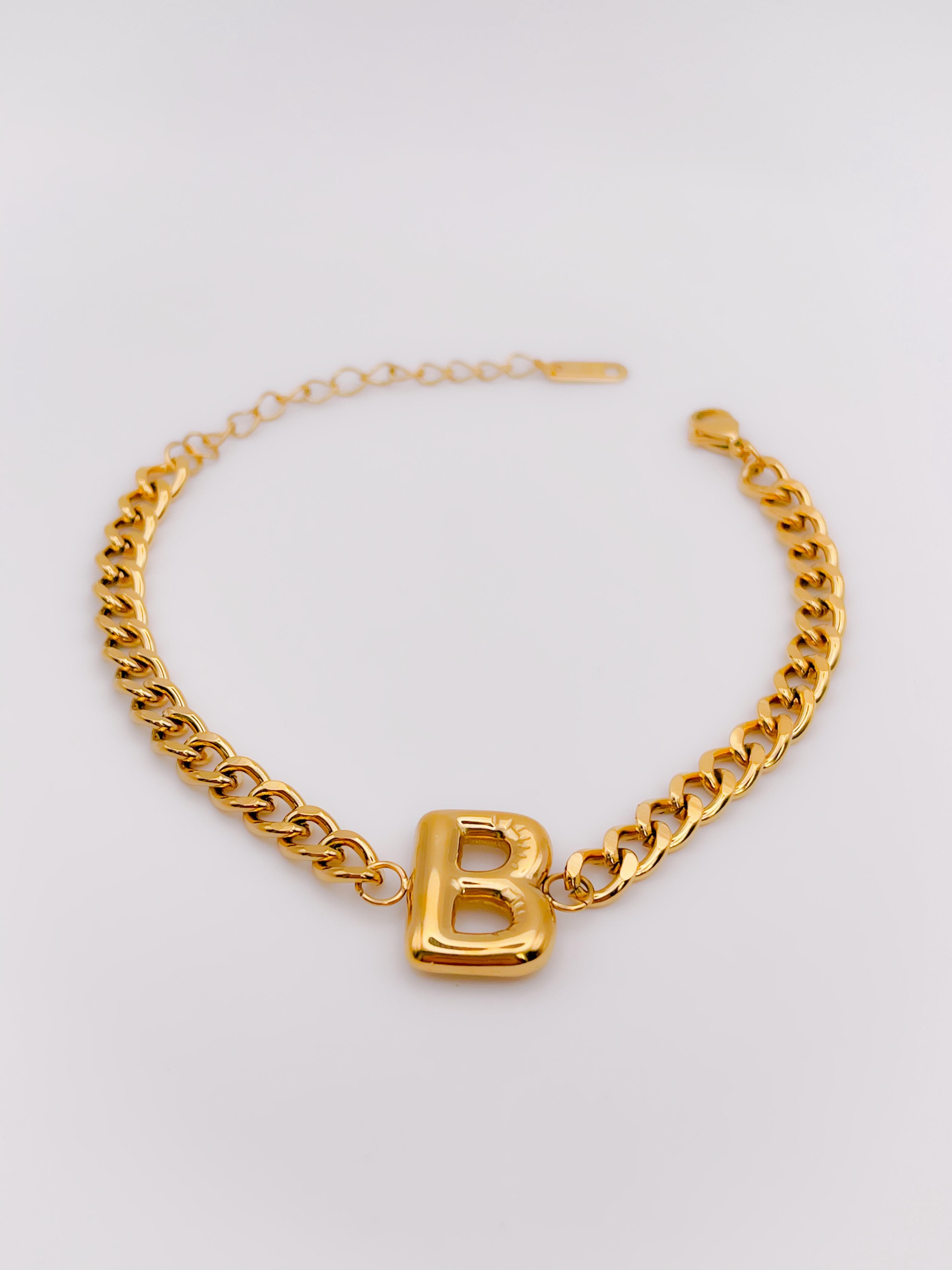 Çelik Bileklik Bombeli B Harfli Bileklik - Kalın Zincir