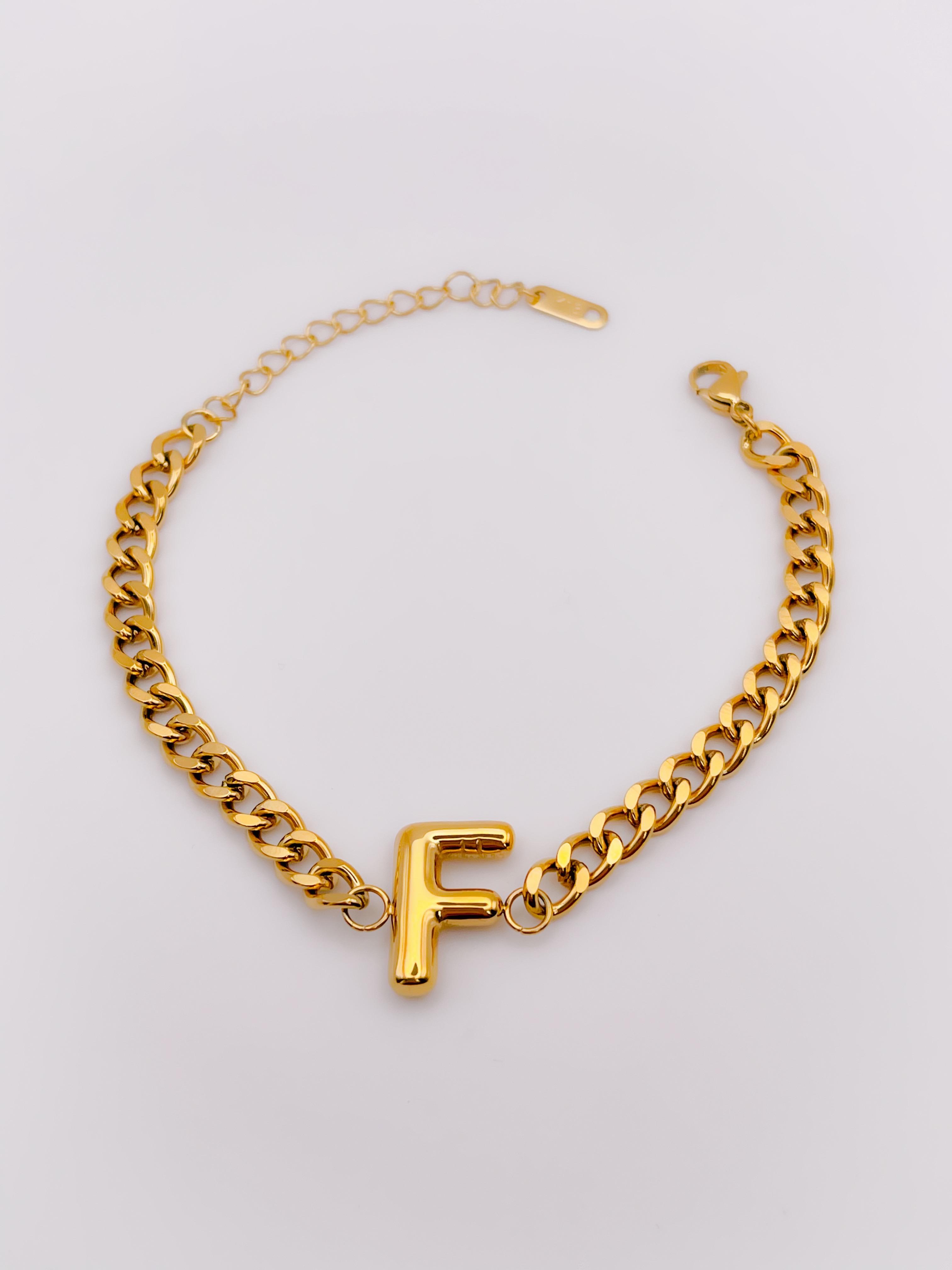 Çelik Bileklik Bombeli F Harfli Bileklik - Kalın Zincir