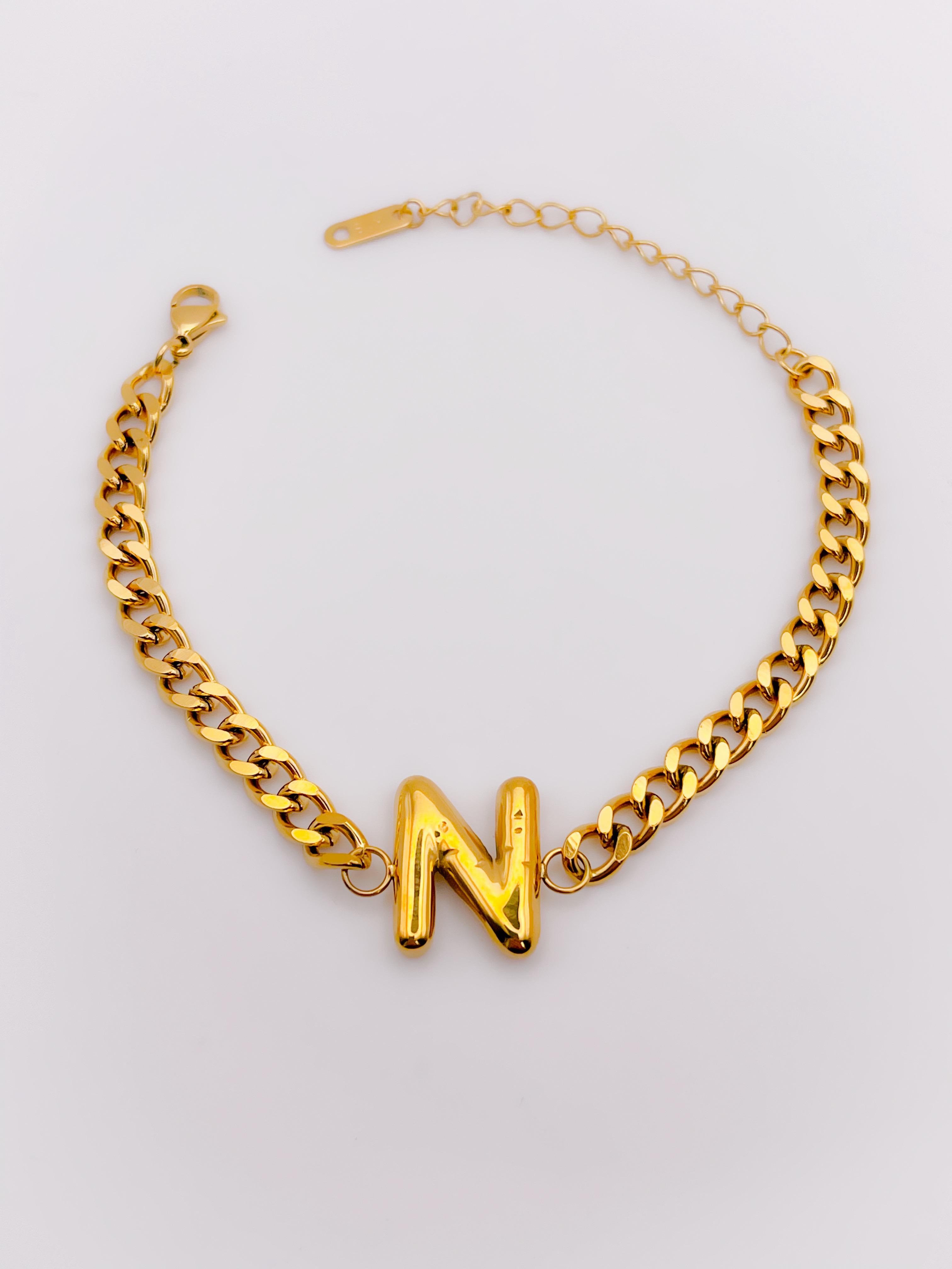 Çelik Bileklik Bombeli N Harfli Bileklik - Kalın Zincir