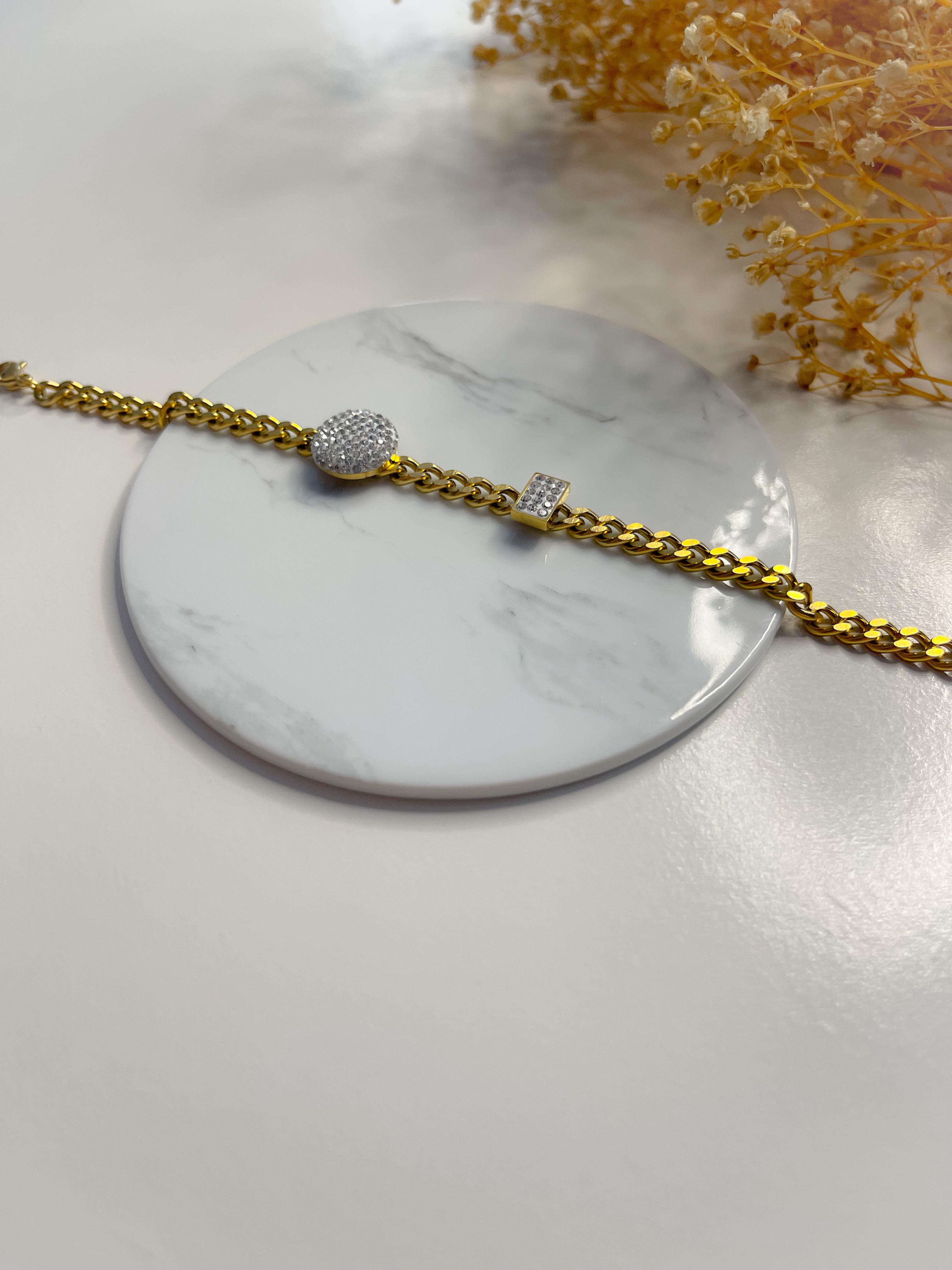 Çelik Geometrik Taşlı Zincir Bileklik Gold