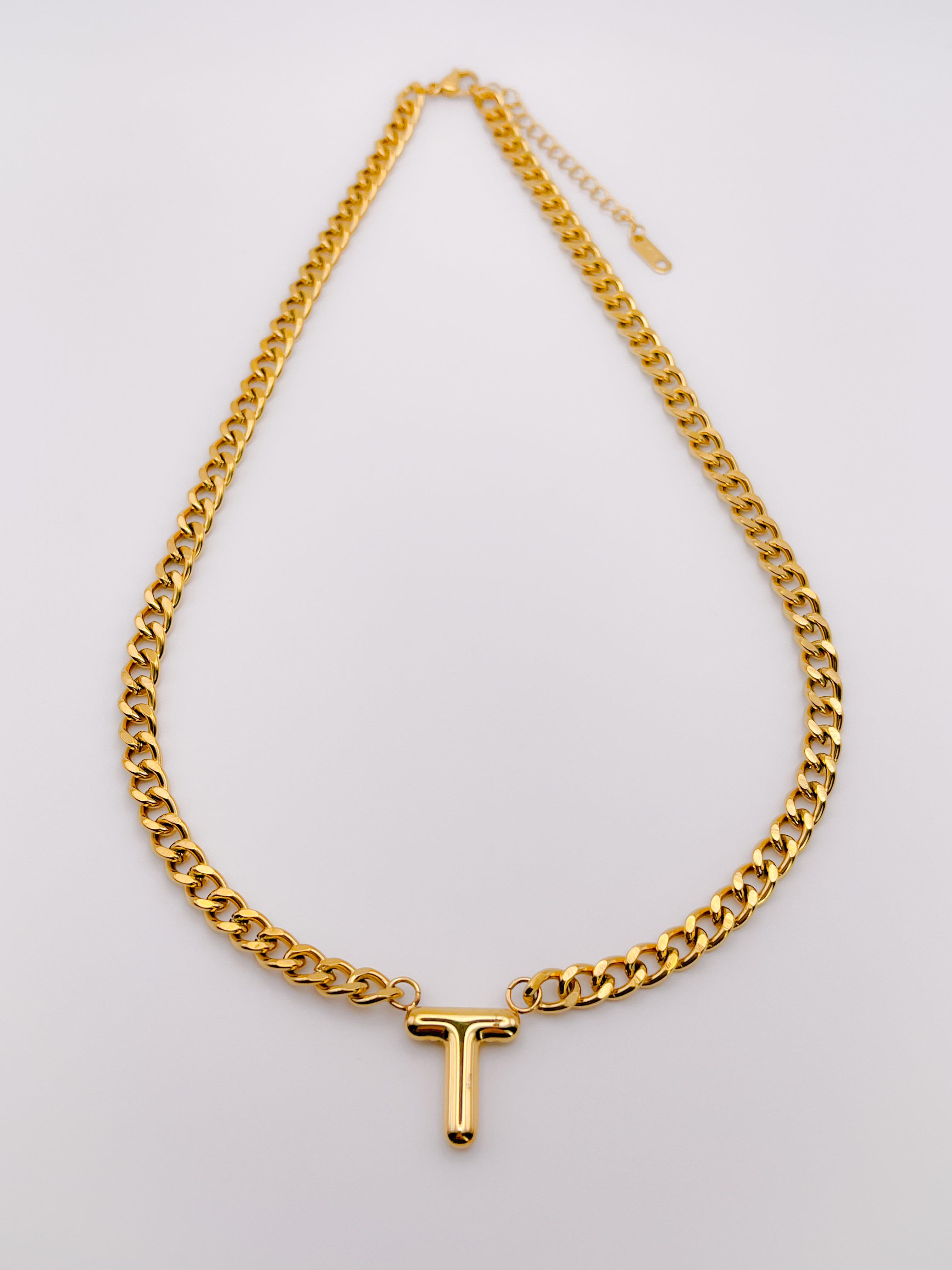 Çelik Kolye Bombeli T Harfli Kolye - Kalın Zincir