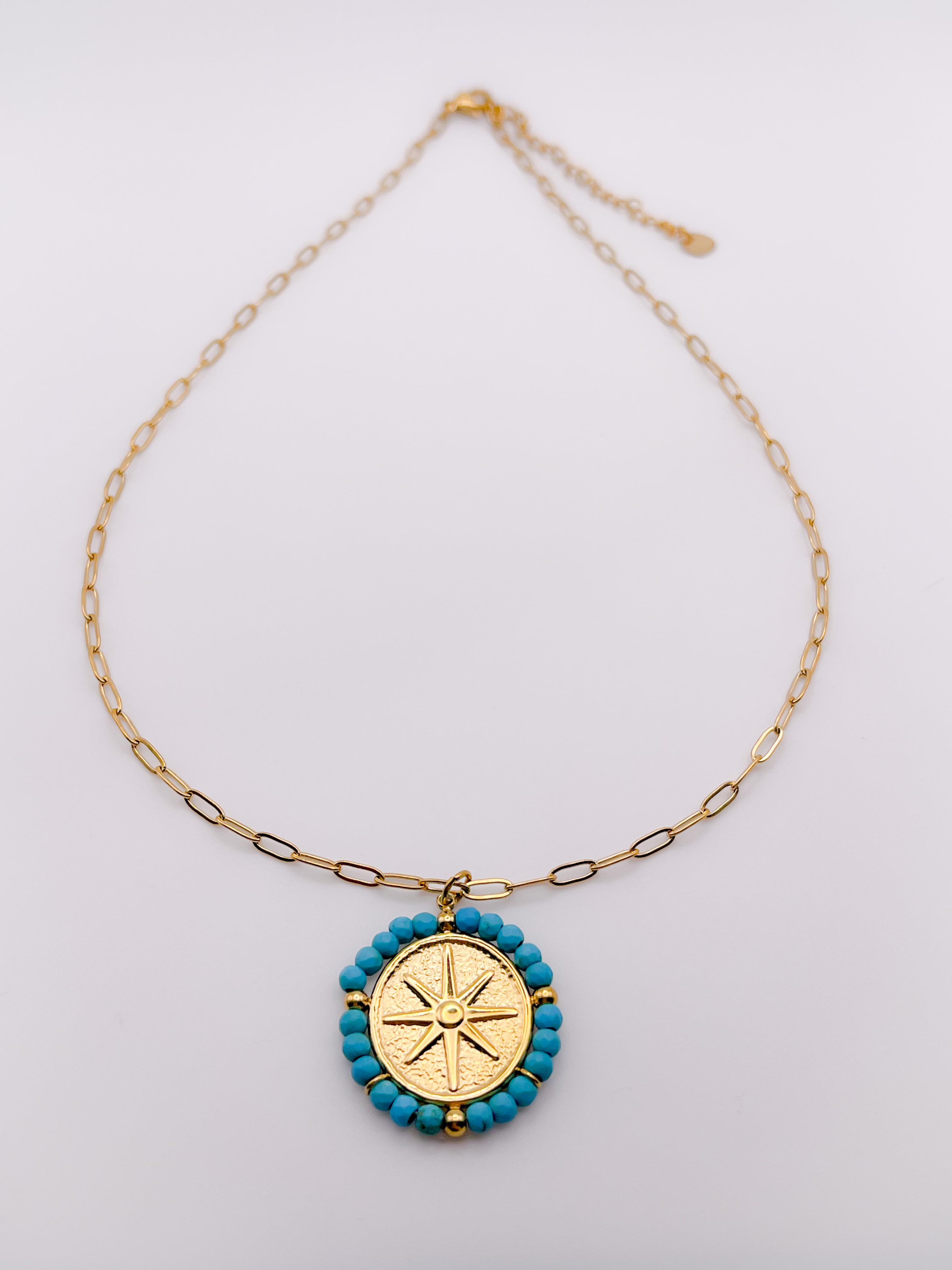 Çelik Kolye Boncuk Detaylı Pusula Kolye