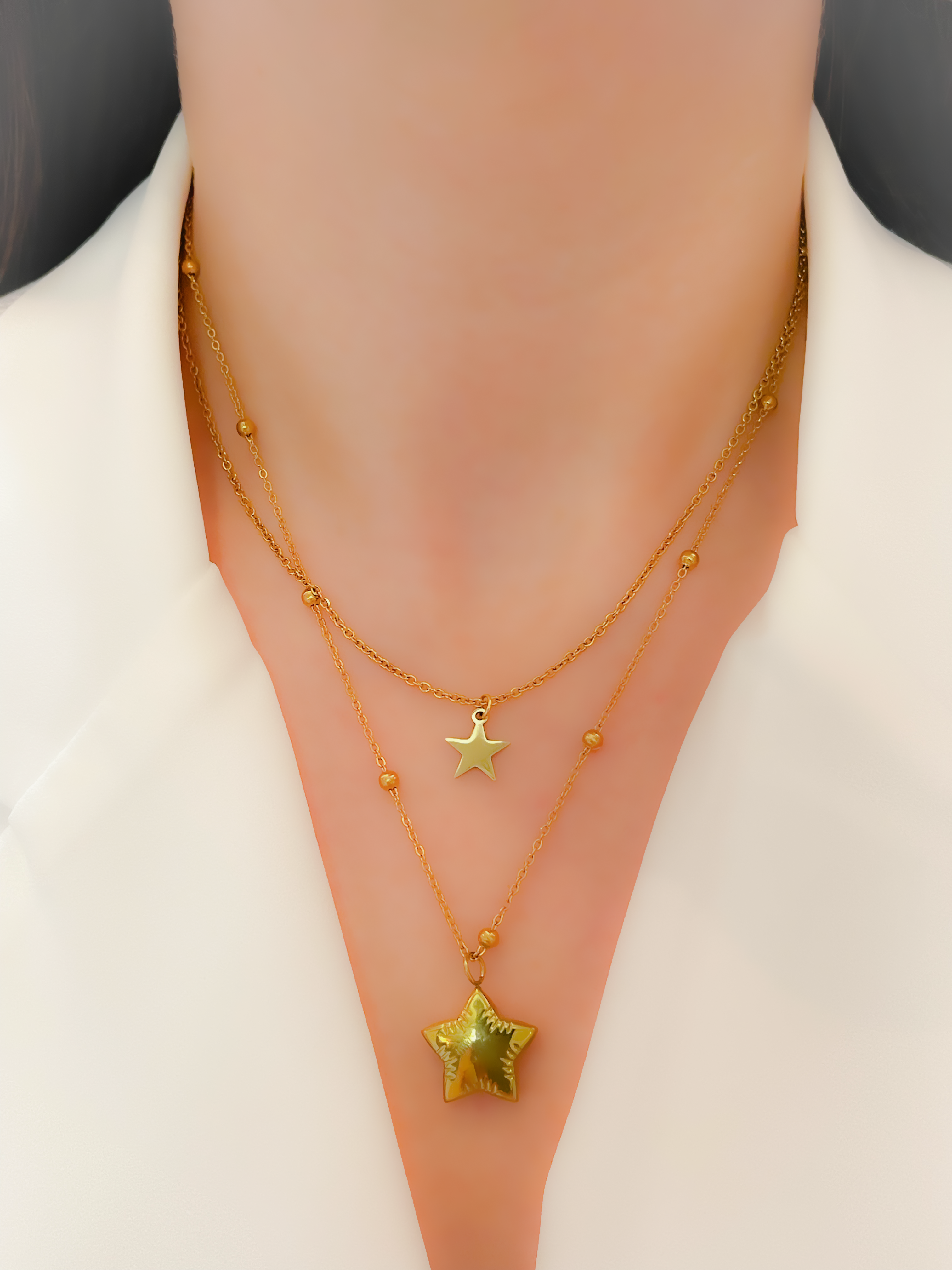 Çelik Kolye Çift Zincirli Bombeli Yıldız Kolye