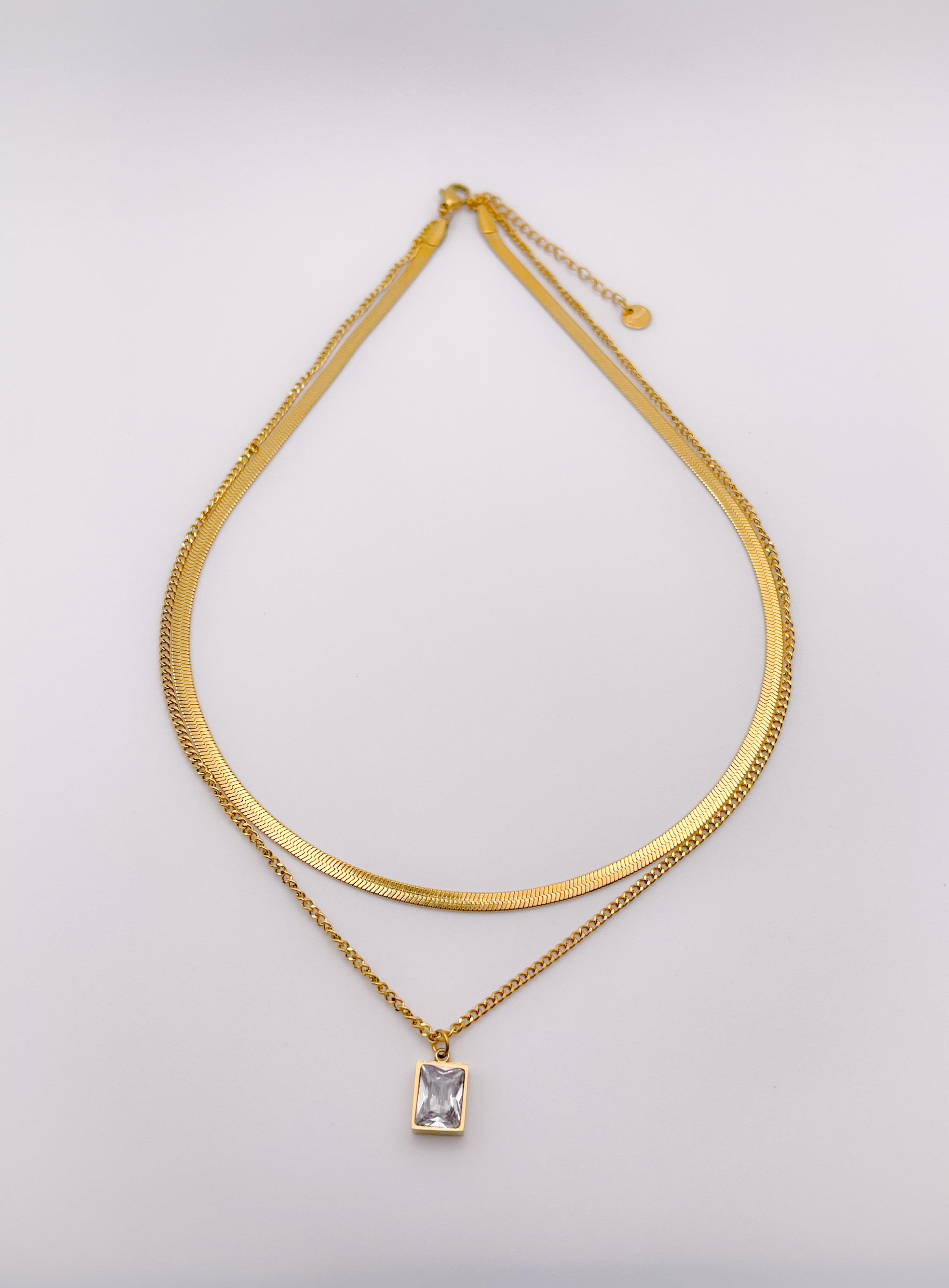 Çelik Kolye Çift Zincirli Taş Detaylı Çelik Kolye