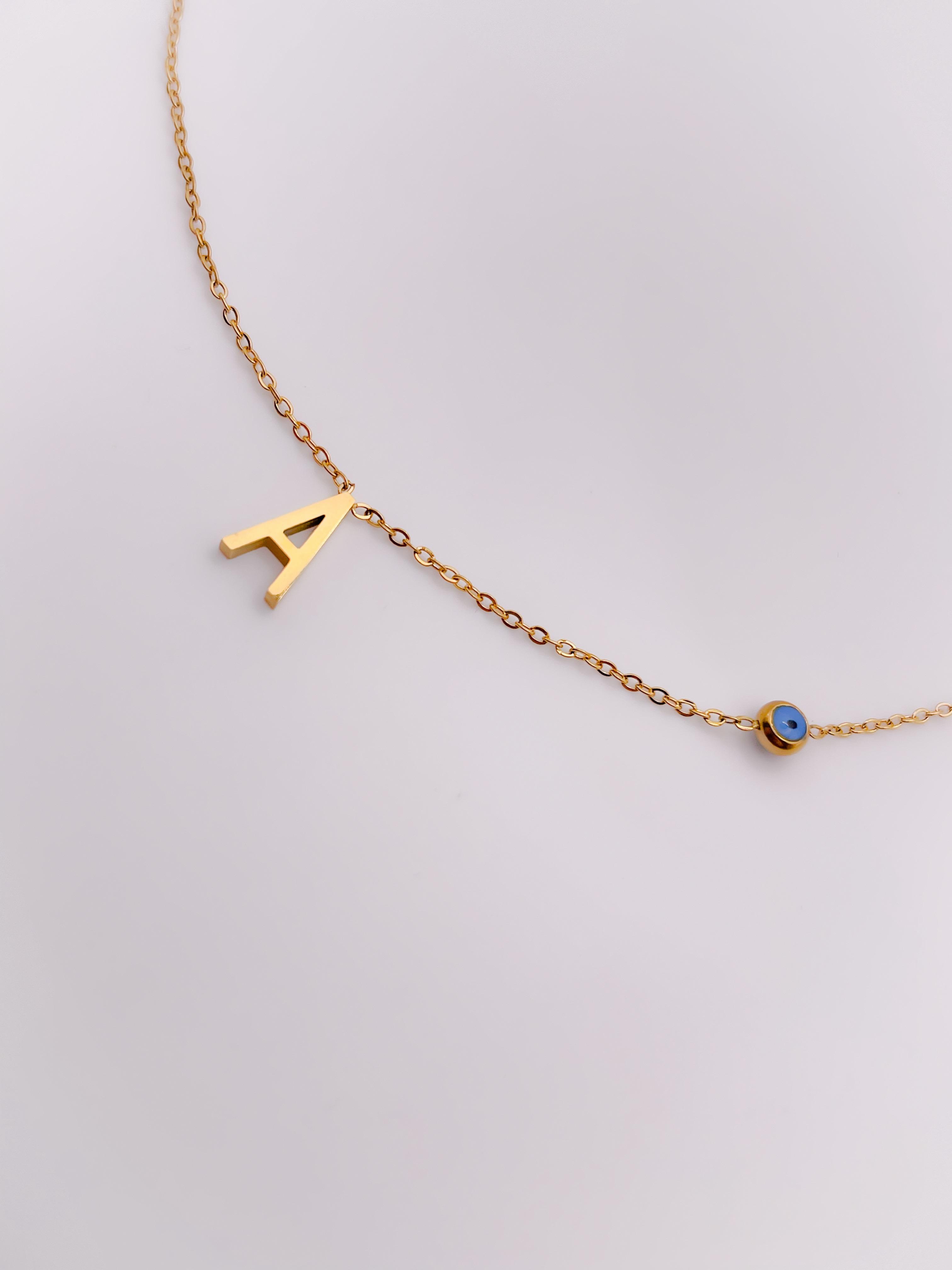 Çelik Kolye Minimal Harfli Kolye Nazar Boncuklu Harf Kolye