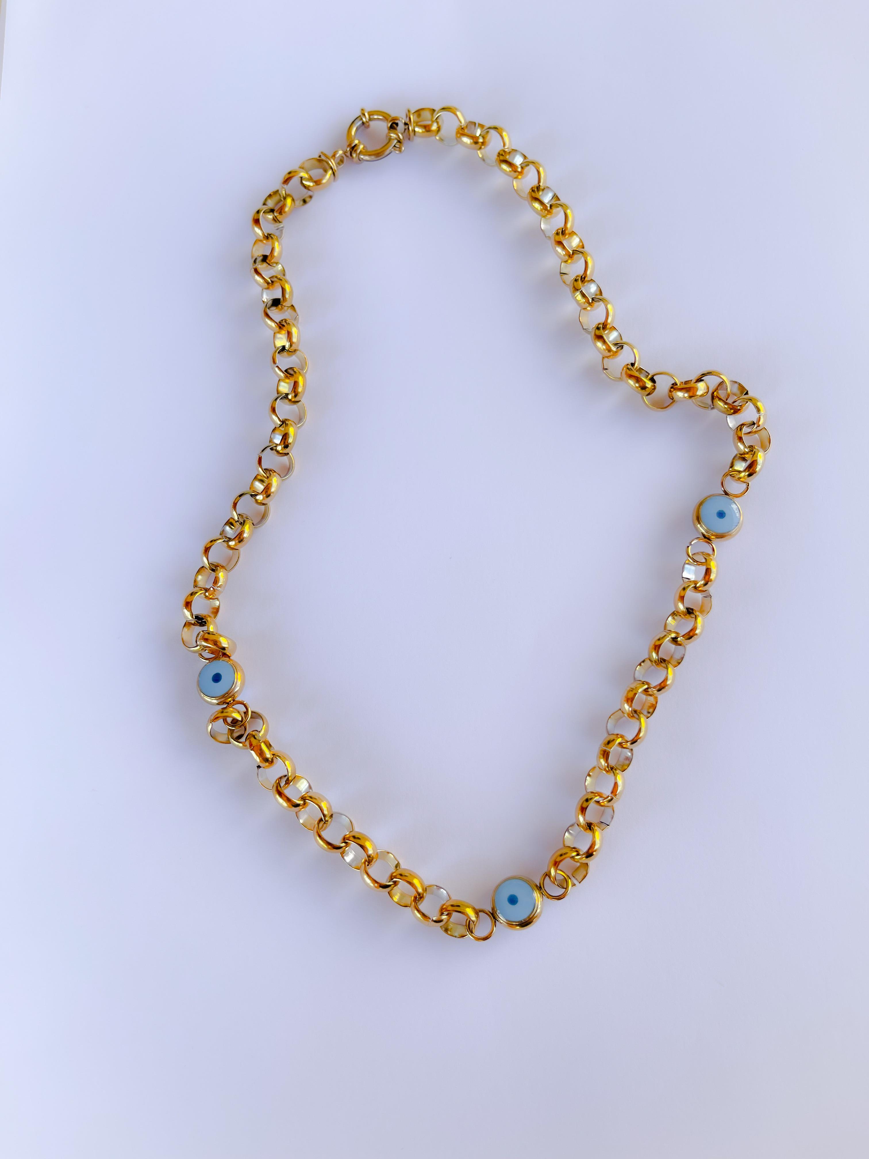 Çelik Kolye Nazar Boncuklu Halka Zincir Kolye Kalın