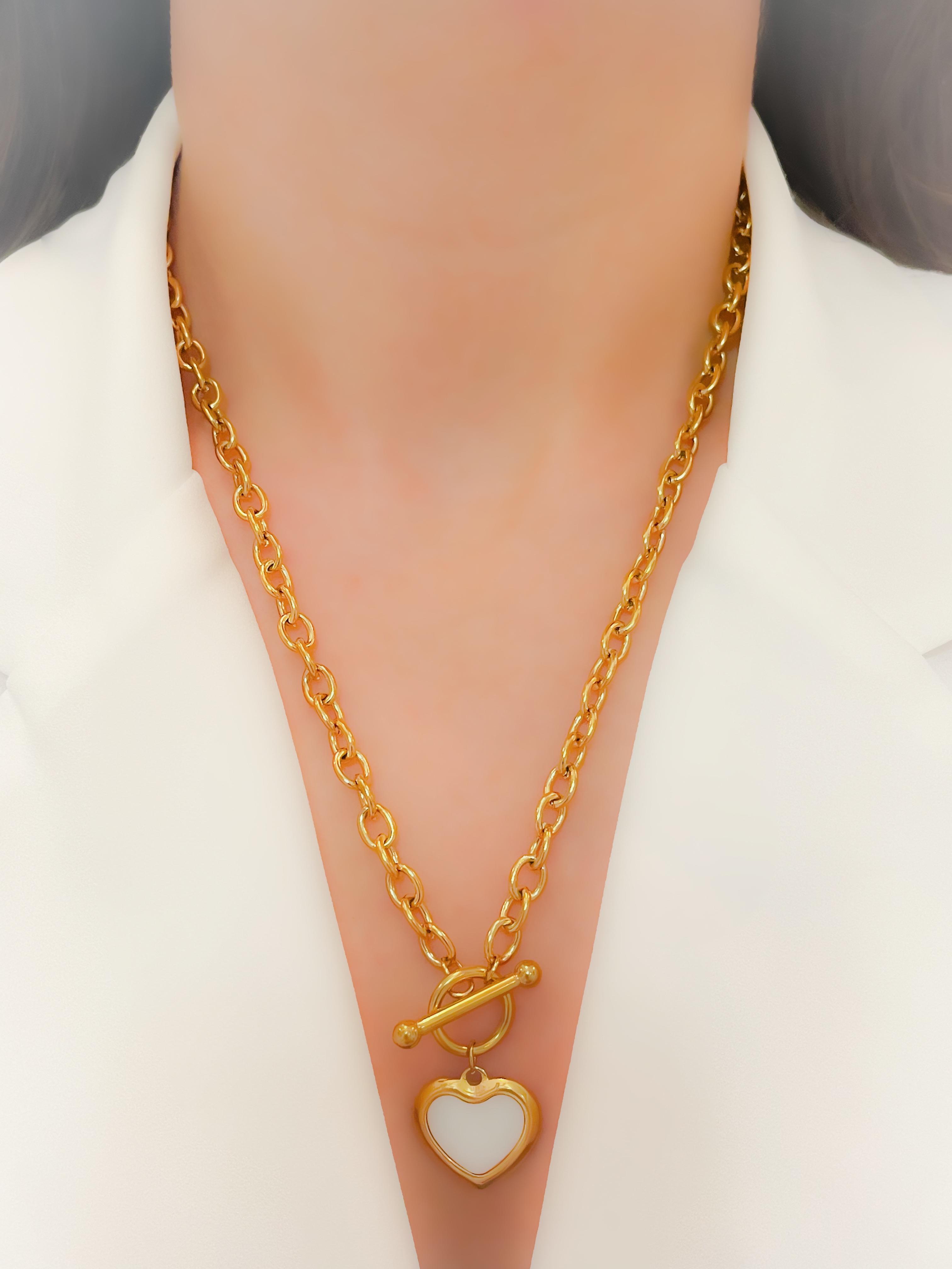 Çelik Kolye  Önden Kapamalı Kalpli Zincir Gold