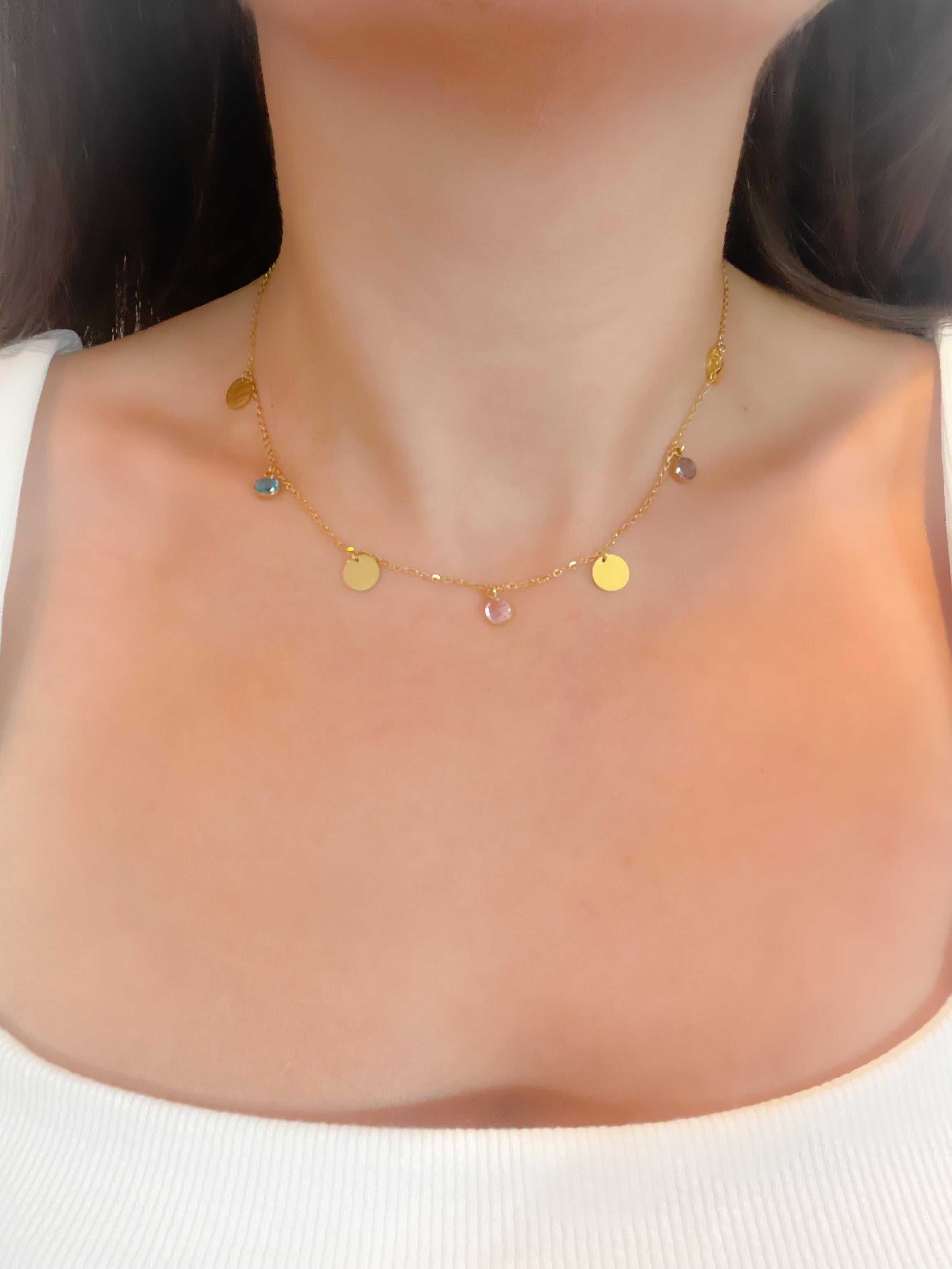 Çelik Kolye Renkli Taşlı Kolye Gold