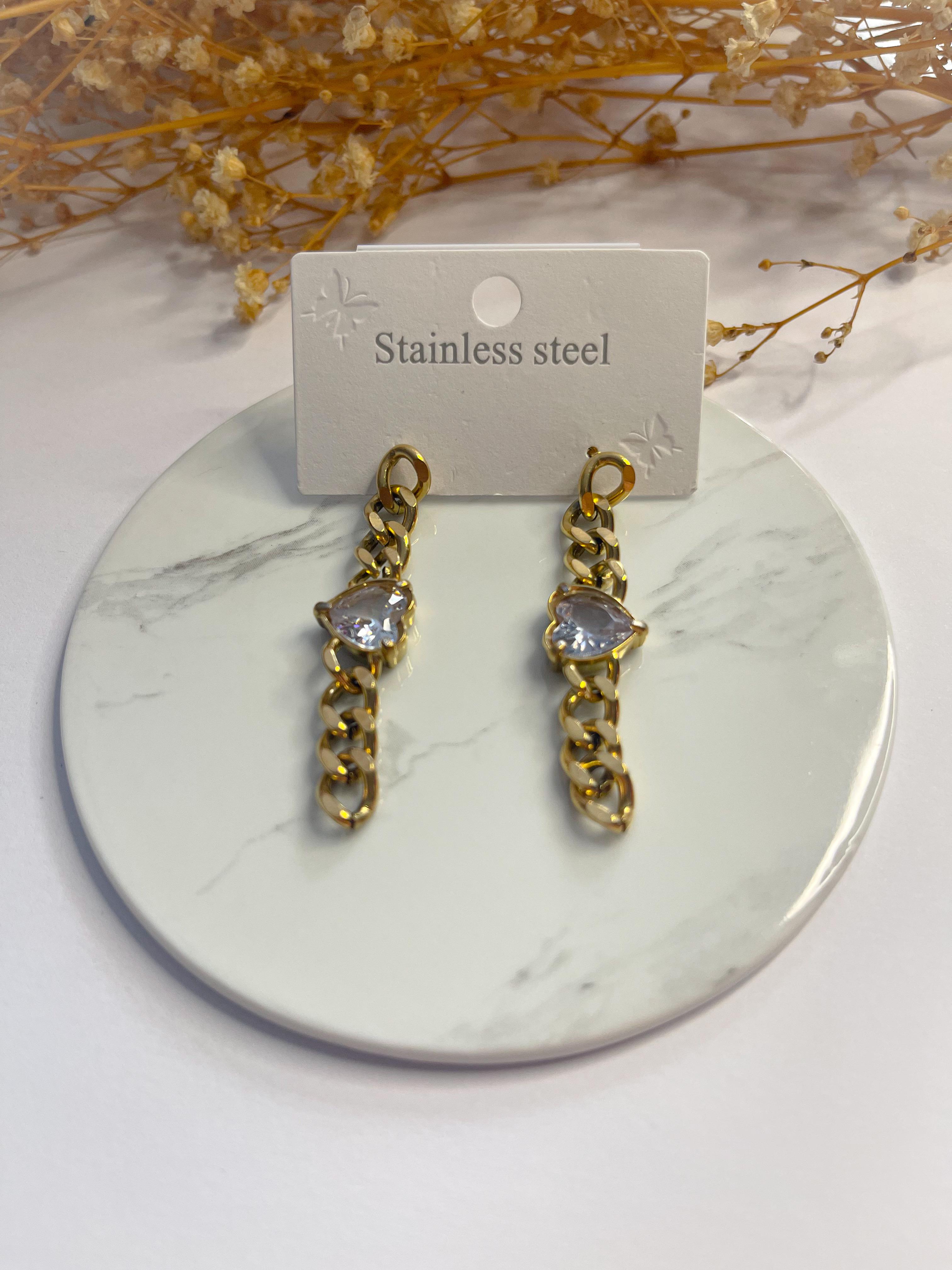 Çelik Küpe Sallantılı Kalp Detaylı Zincir Küpe Gold