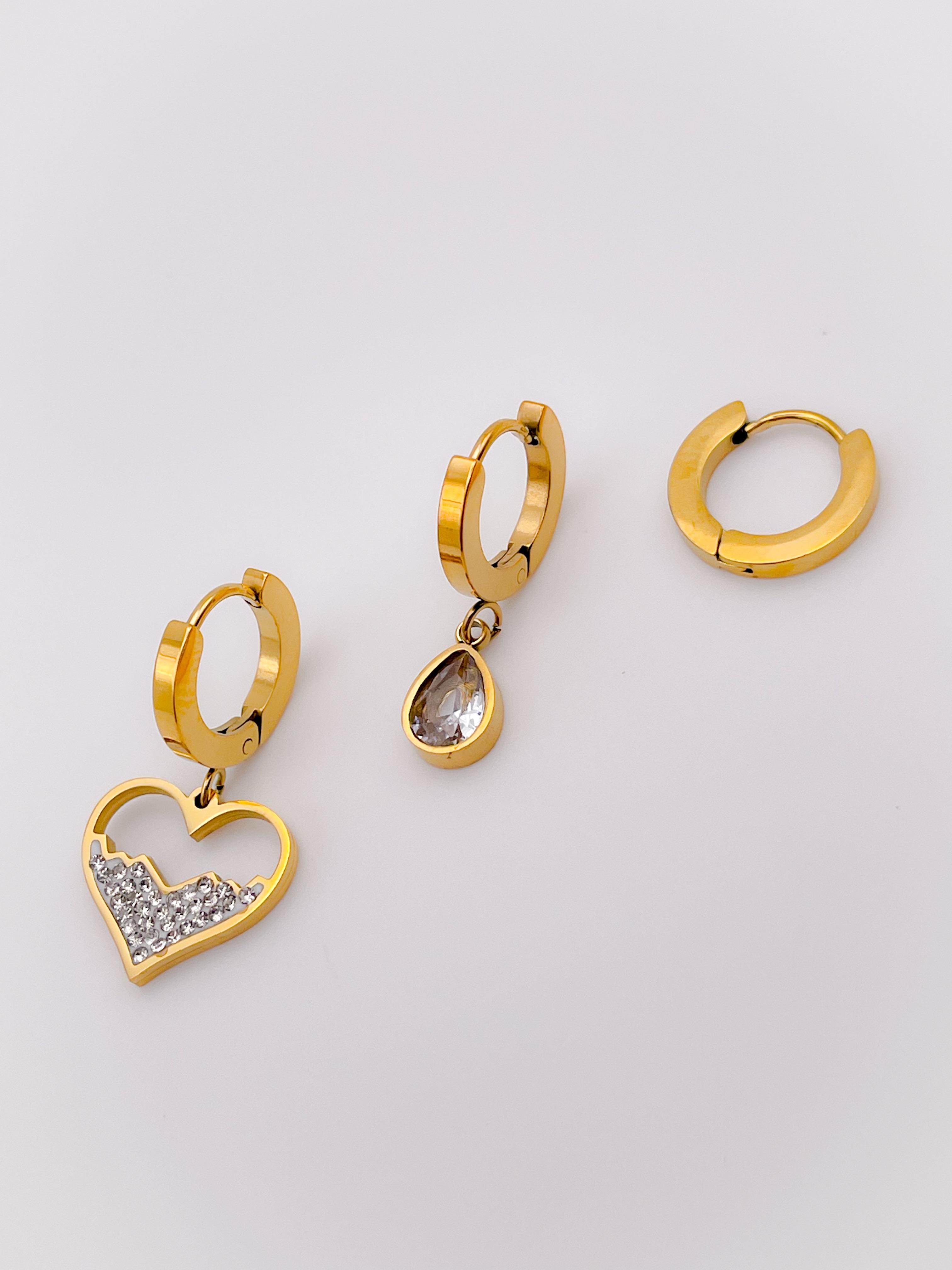 Çelik Küpe Üçlü (3lü) Küpe Kalpli Sallantılı Küpe Seti