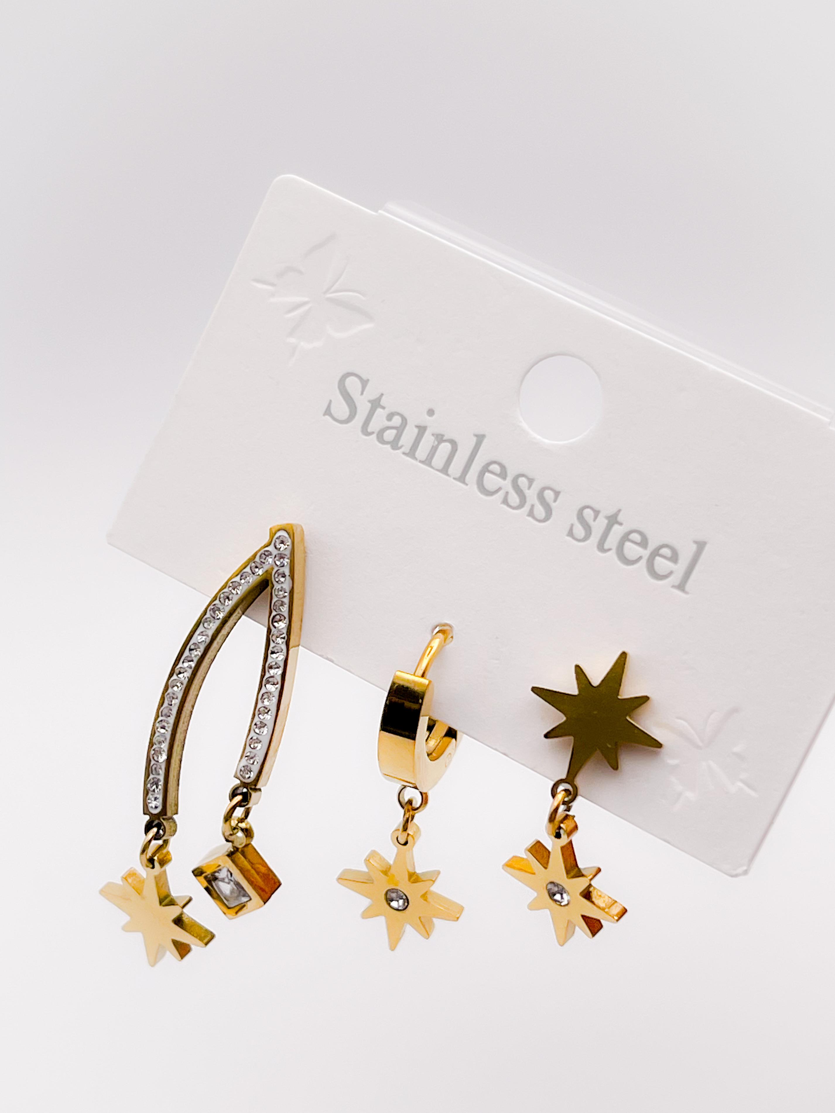 Çelik Küpe Üçlü (3lü) Küpe Sallantılı Kuzey Yıldızı Küpe Renk Gold