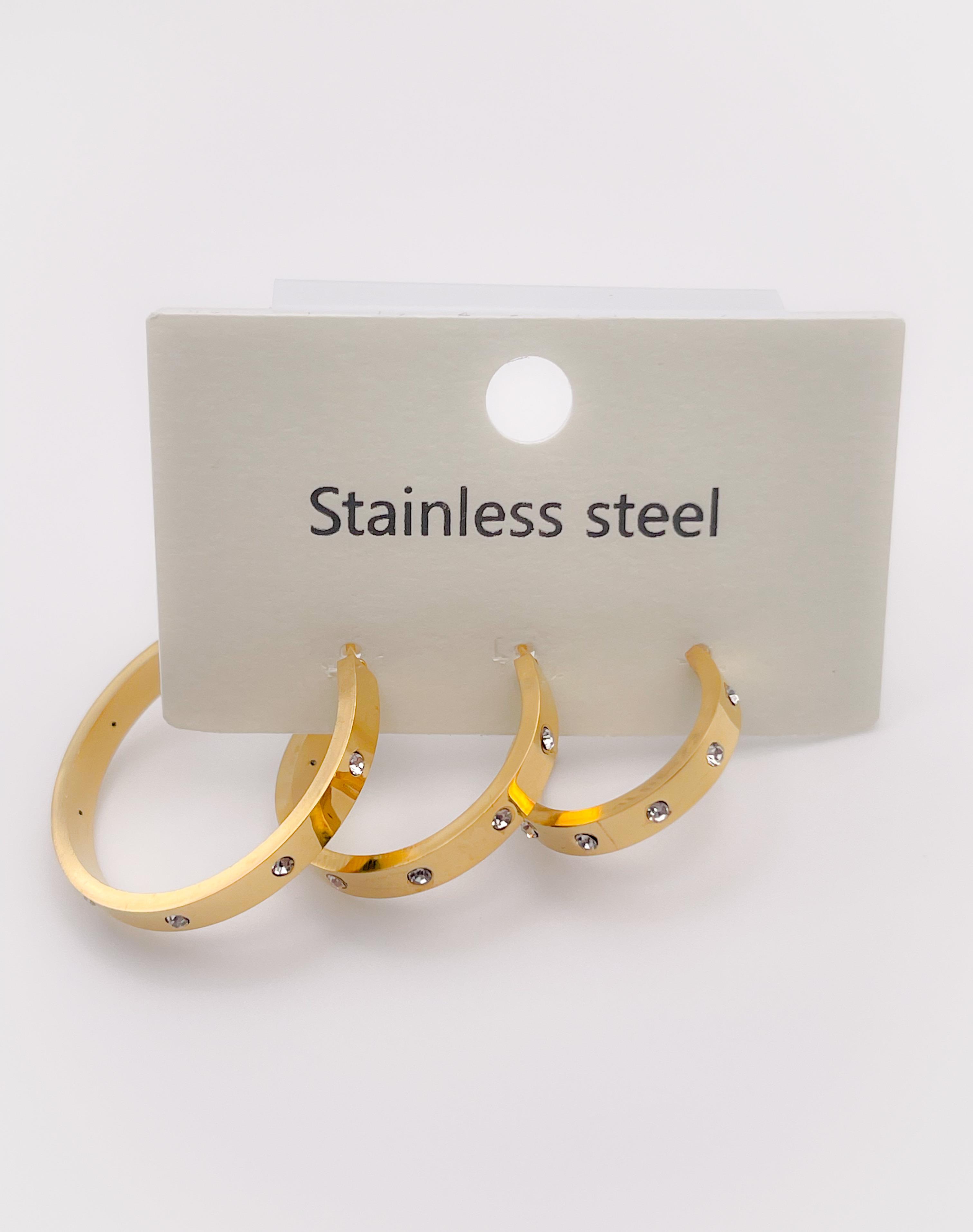 Çelik Küpe Üçlü Küpe (3lü Küpe) Taşlı Halka Küpe