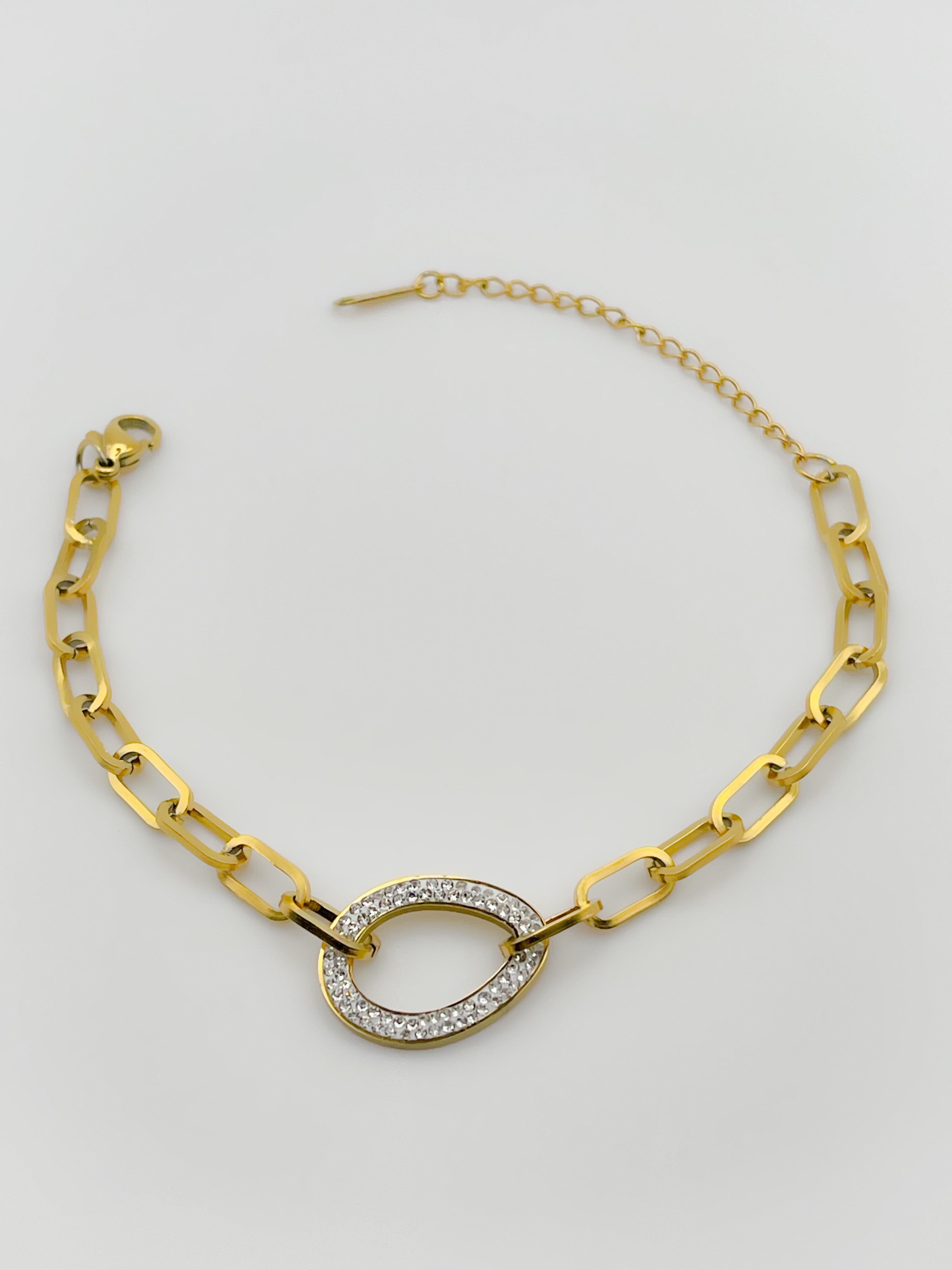 Çelik Oval Taşlı Bilekli Gold