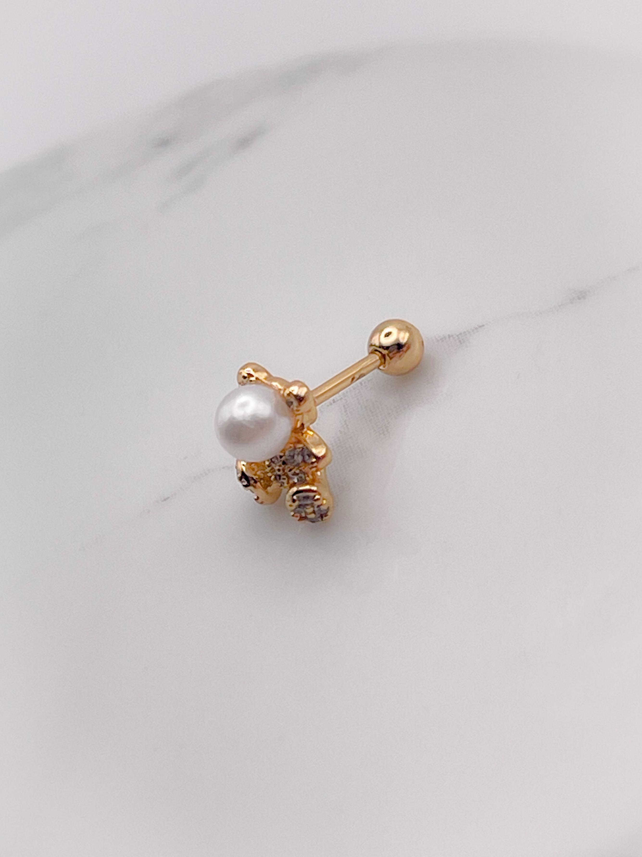 Cerrahi Çelik İncili Zirkon Taşlı Ayıcık Figürlü Kıkırdak Helix Tragus Piercing(1adet)