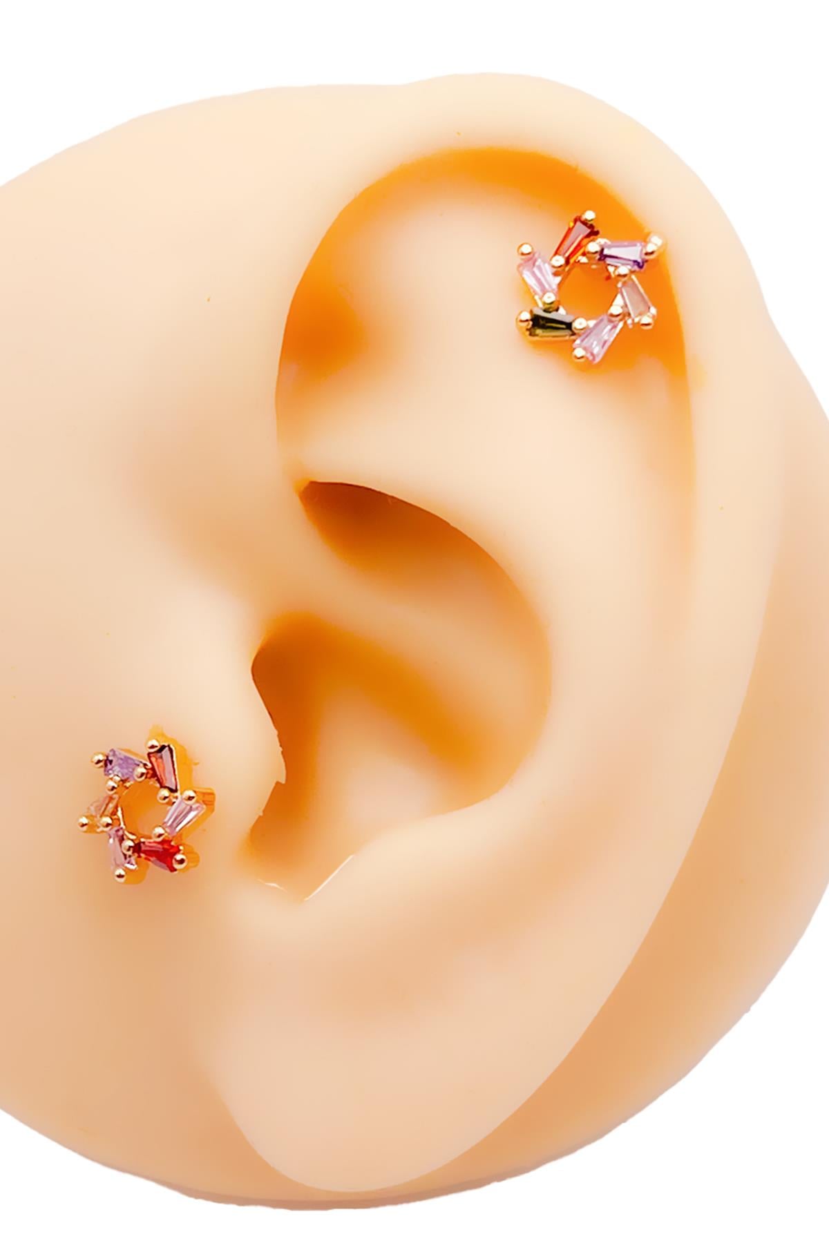 Cerrahi Çelik Piercing Renkli Zirkon Taşlı Rüzgar Gülü Figürlü Kıkırdak Helix Tragus Piercing(1adet)