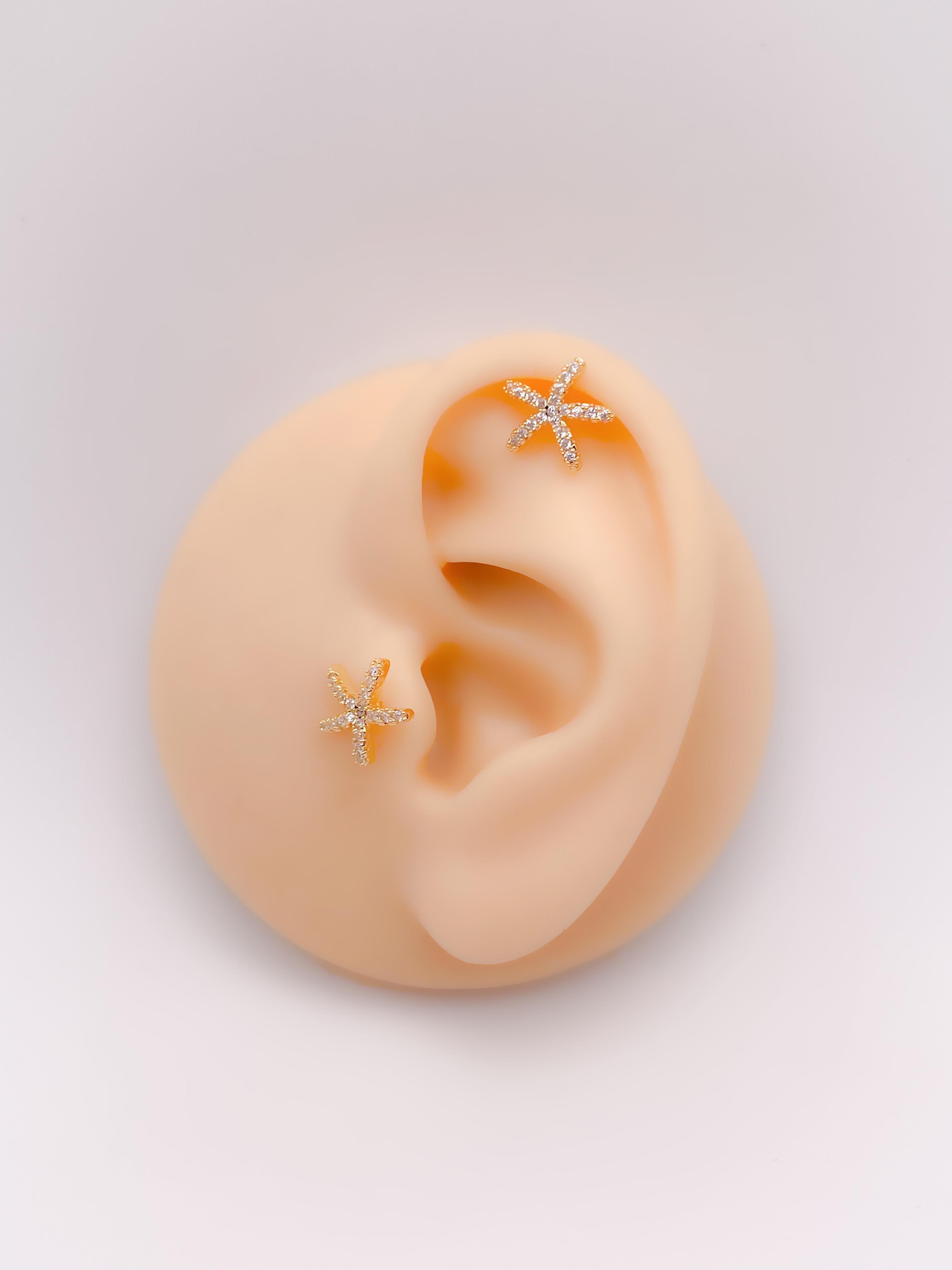 Cerrahi Çelik Piercing Zirkon Taşlı Deniz Yıldızı Figürlü Kıkırdak Helix Tragus Piercing (1adet)