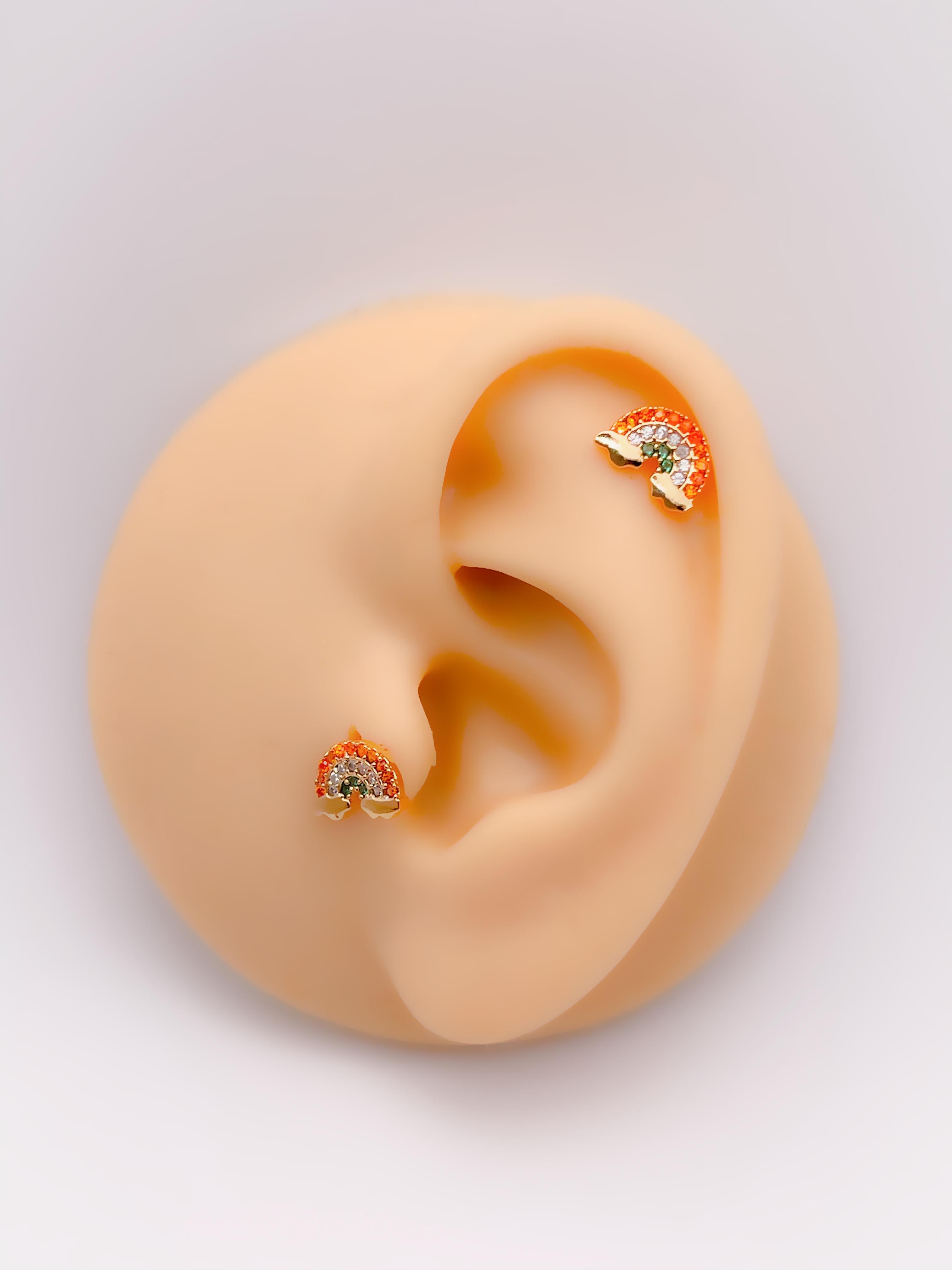 Cerrahi Çelik Piercing Zirkon Taşlı Gökkuşağı Figürlü Kıkırdak Helix Tragus Piercing(1adet)