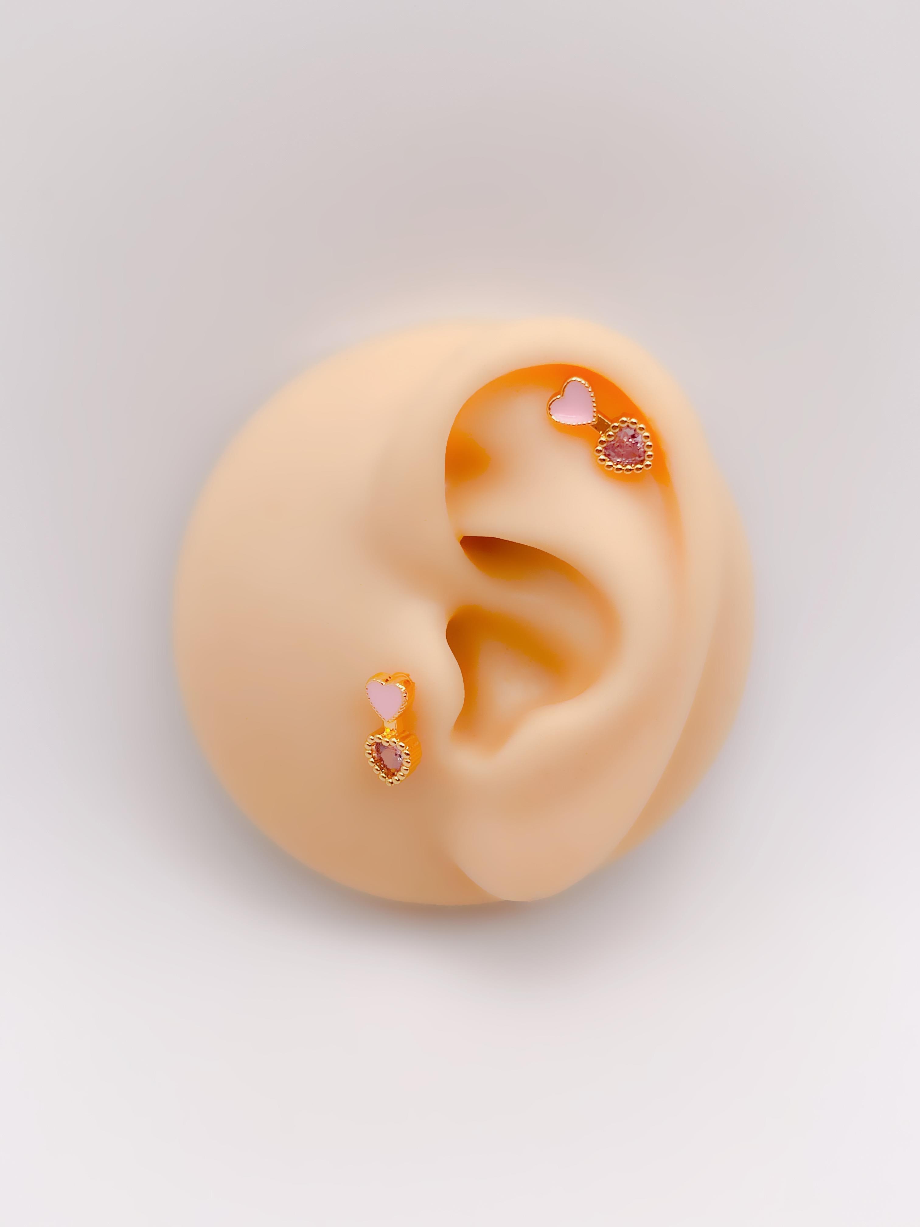 Cerrrahi Çelik Piercing ( Pirsing ) Pembe Mineli Kalpli Ok Tragus Helix Piercing (1adet)