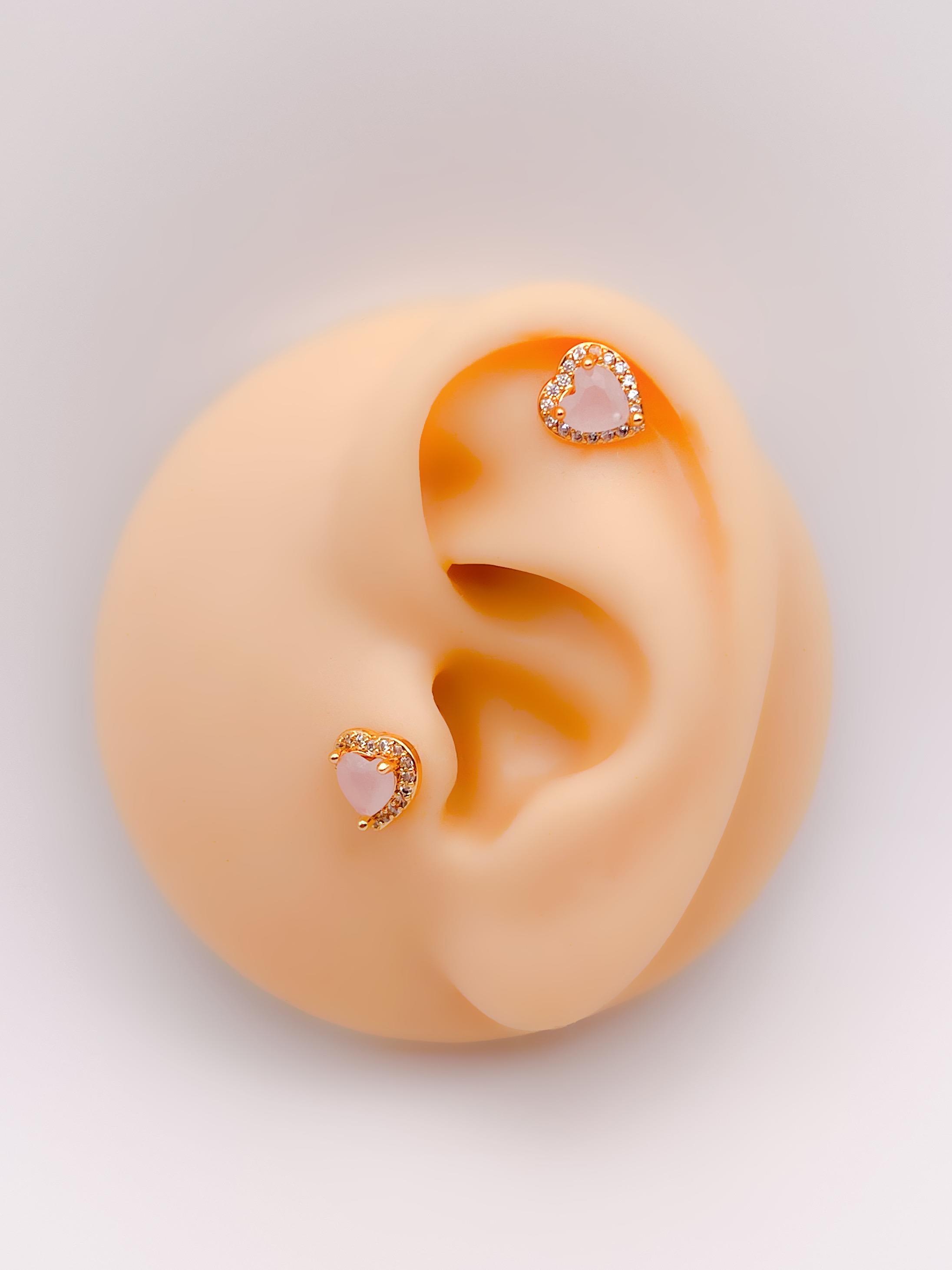 Cerrrahi Çelik Piercing ( Pirsing ) Pembe Taşlı Şık Kalpli Tragus Helix Piercing (1adet)