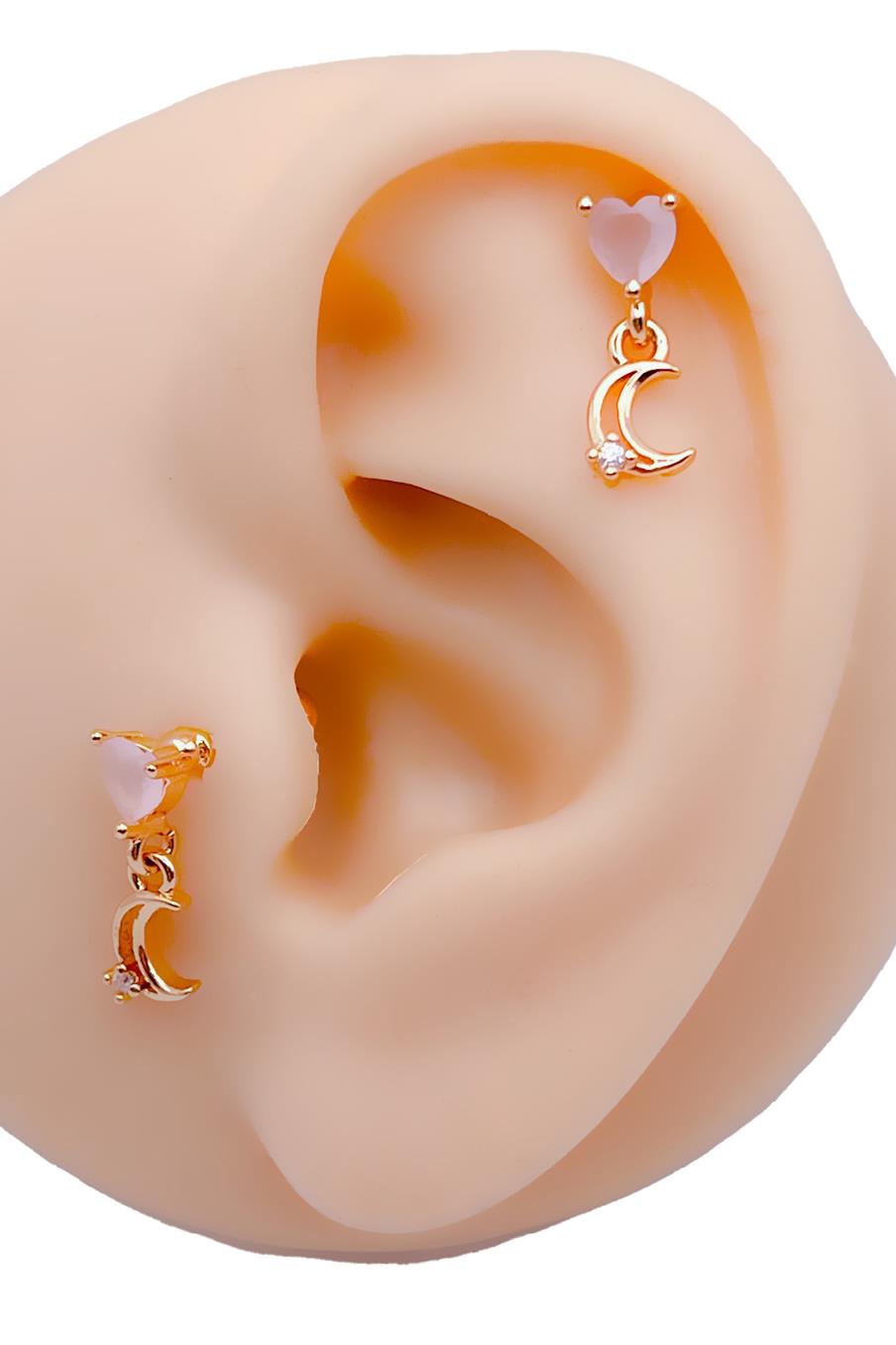 Cerrrahi Çelik Piercing ( Pirsing ) Zirkon Kalp Sallantılı Ay Tragus Helix Piercing (1adet
