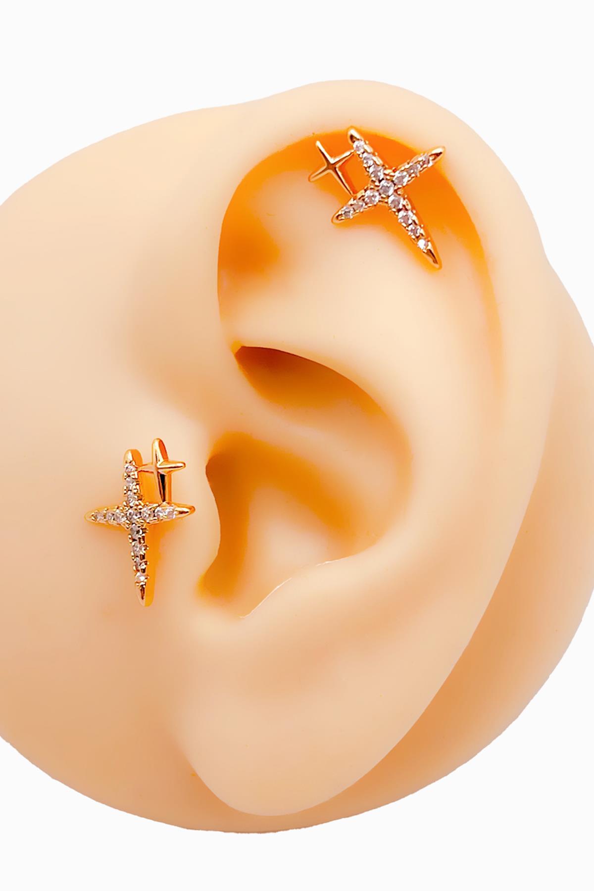 Cerrrahi Çelik Zirkon Taşlı Çift Haç Tragus Helix Piercing (1adet)