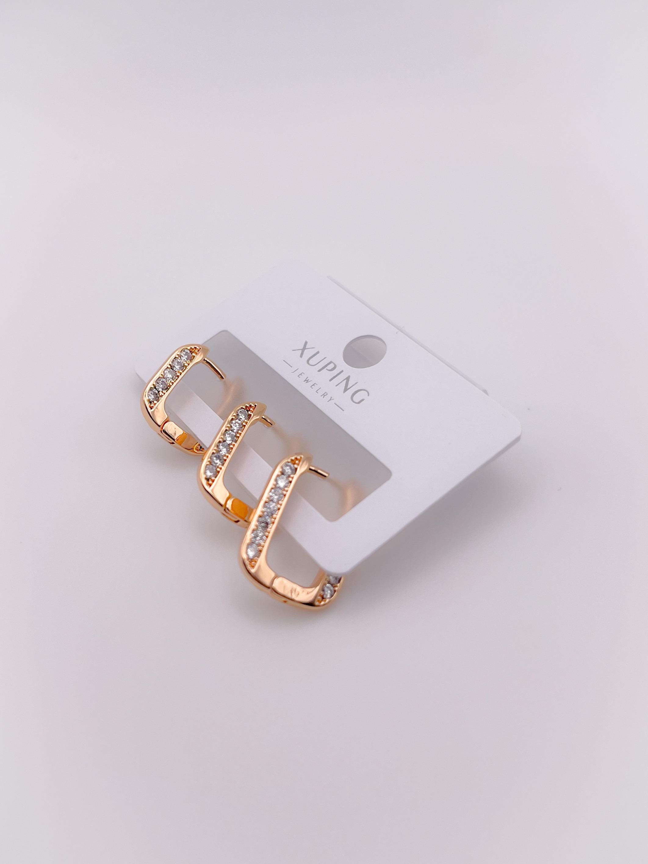 Özel Seri Küpe Üçlü Geometrik Gömme Taşlı Küpe Renk Rose Gold