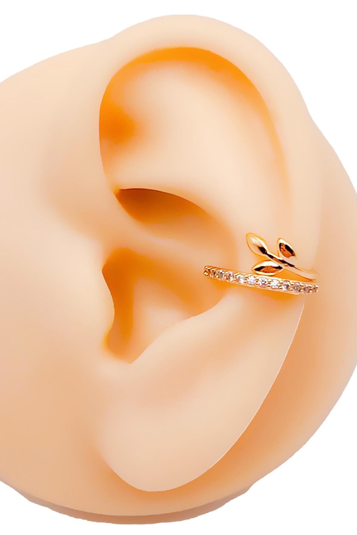 Zirkon Taşlı Zeytin Dalı Sıkıştırma Kıkırdak Küpe ( Earcuff ) Piercing (1adet)