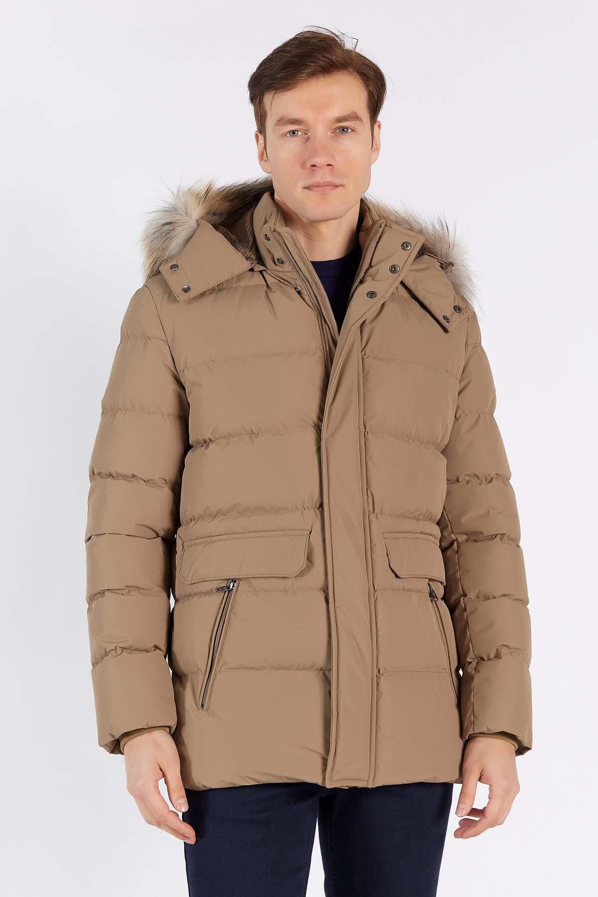 Erkek Bej Kapüşonlu Çıt çıt + Fermuar Mont