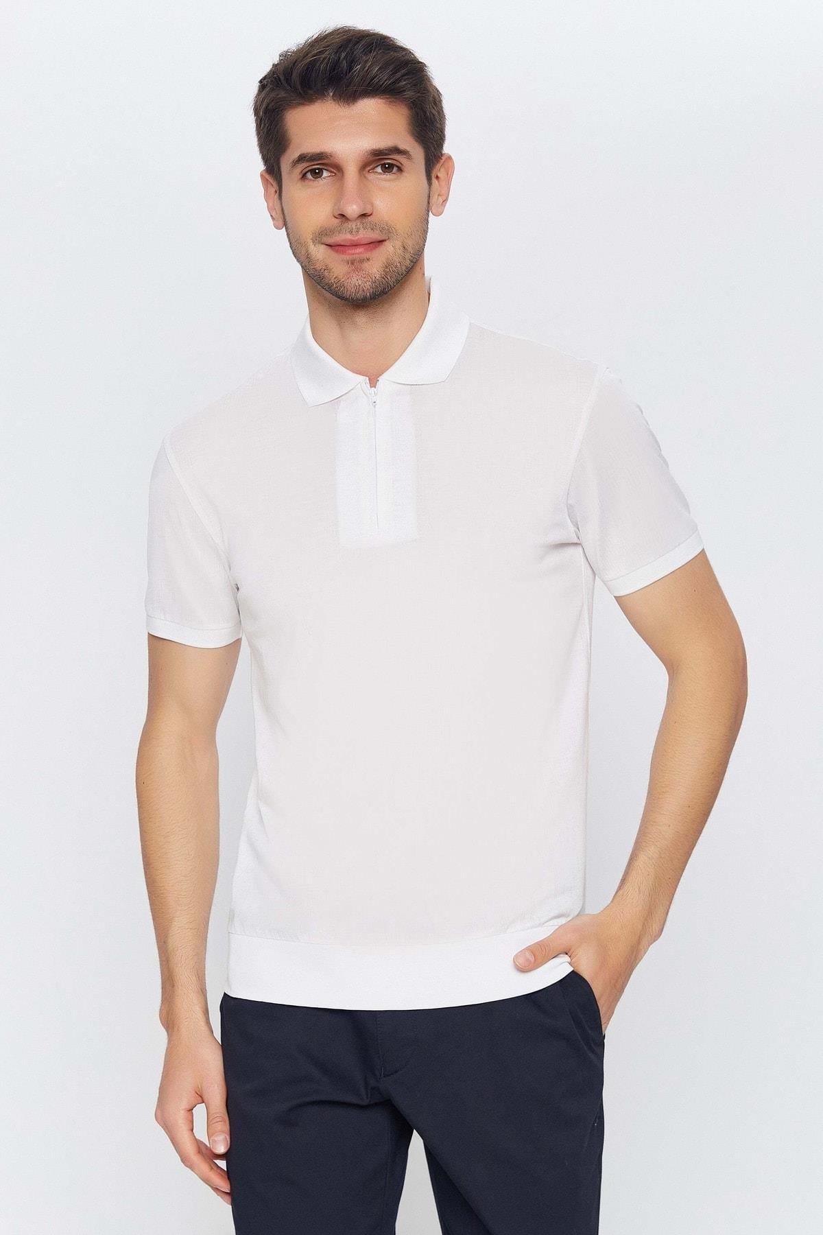 Erkek Beyaz Fermuarlı Polo Yaka Kısa Kol Merserize Düz Basic T-shirt
