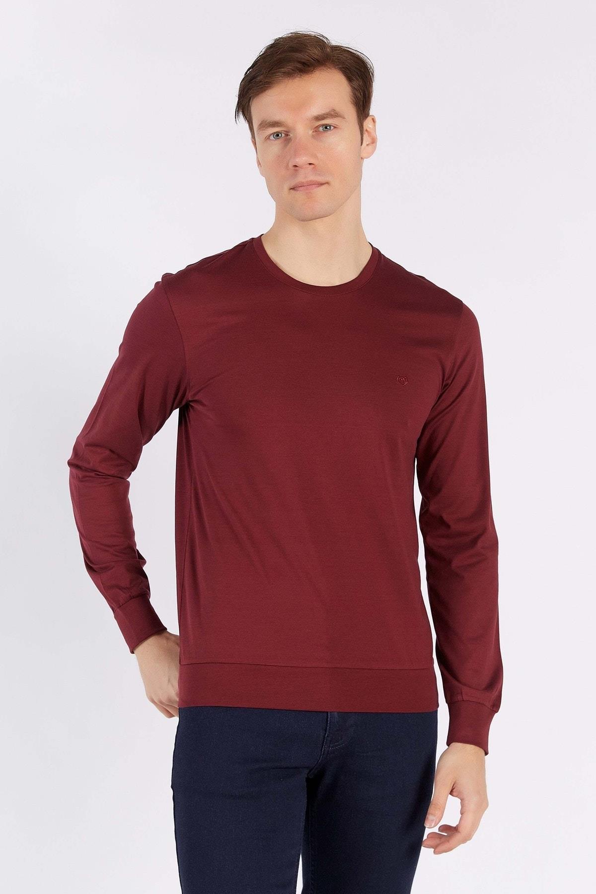 Erkek Bordo Uzun Kol Yuvarlak Yaka %100 Pamuk T-shirt