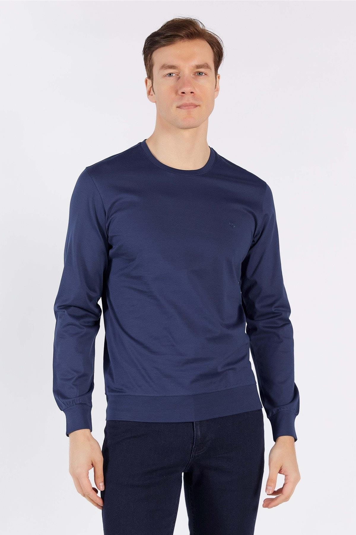 Erkek Indigo Uzun Kol Yuvarlak Yaka %100 Pamuk T-shirt