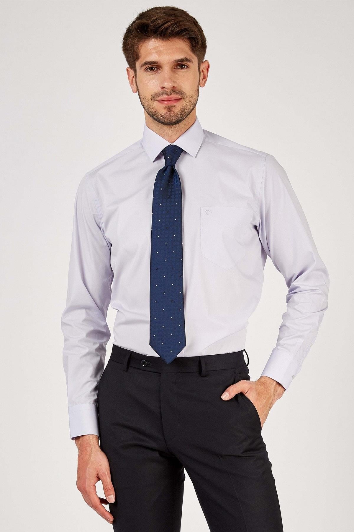 Erkek Klasik Fit Açık Lila Cepli Düz Gömlek-rb1a03szn043