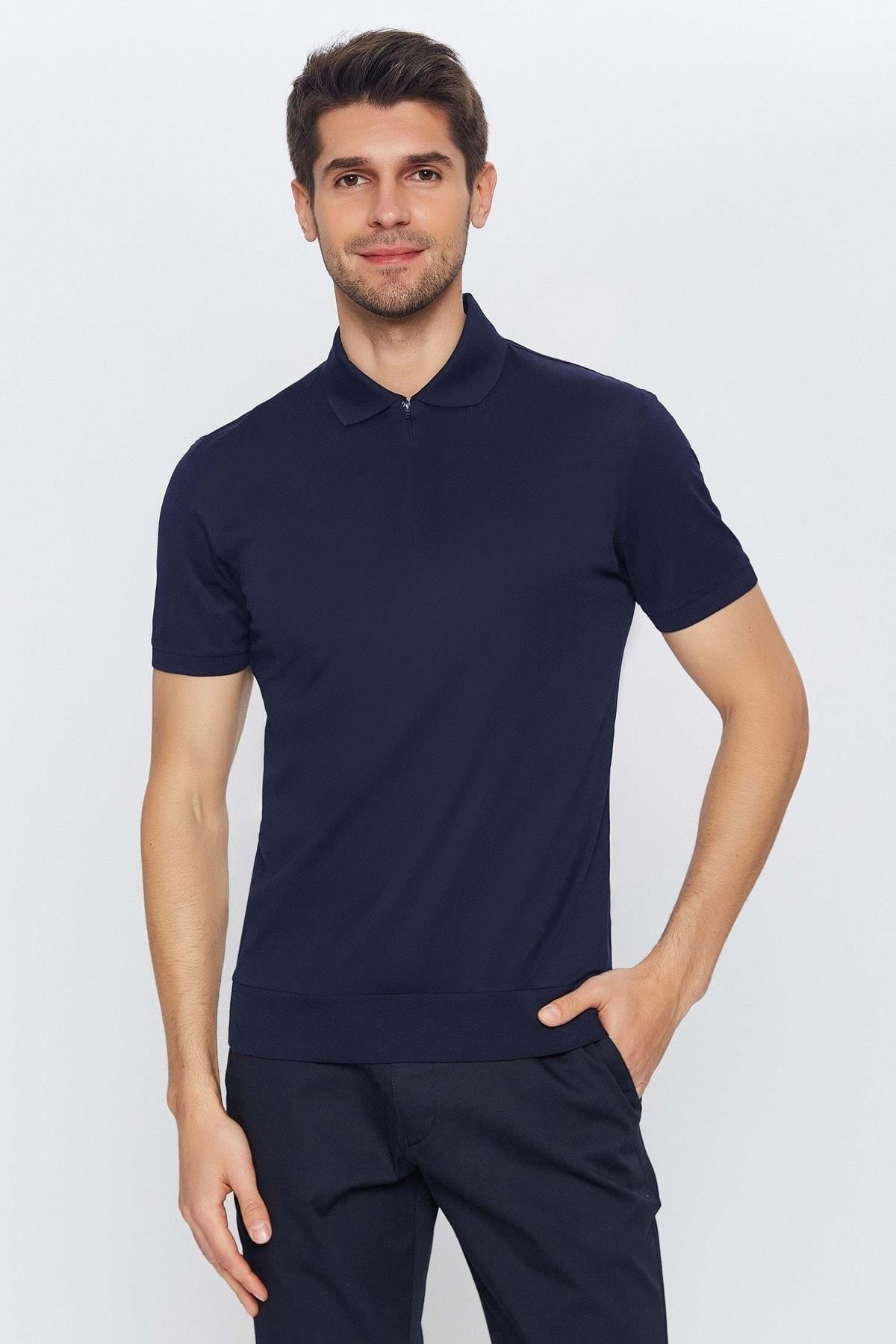Erkek Lacivert Fermuarlı Polo Yaka Kısa Kol Merserize Düz Basic T-shirt