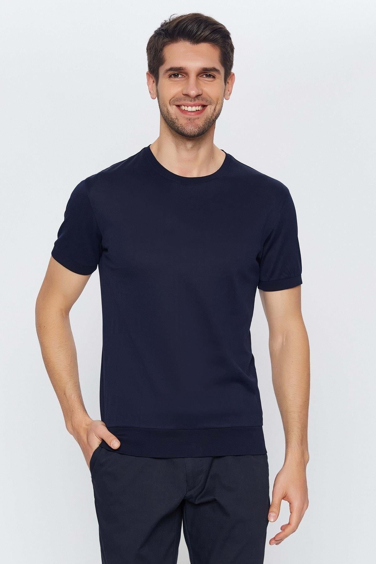 Erkek Lacivert Yuvarlak Yaka Kısa Kol Merserize Düz Basic T-shirt