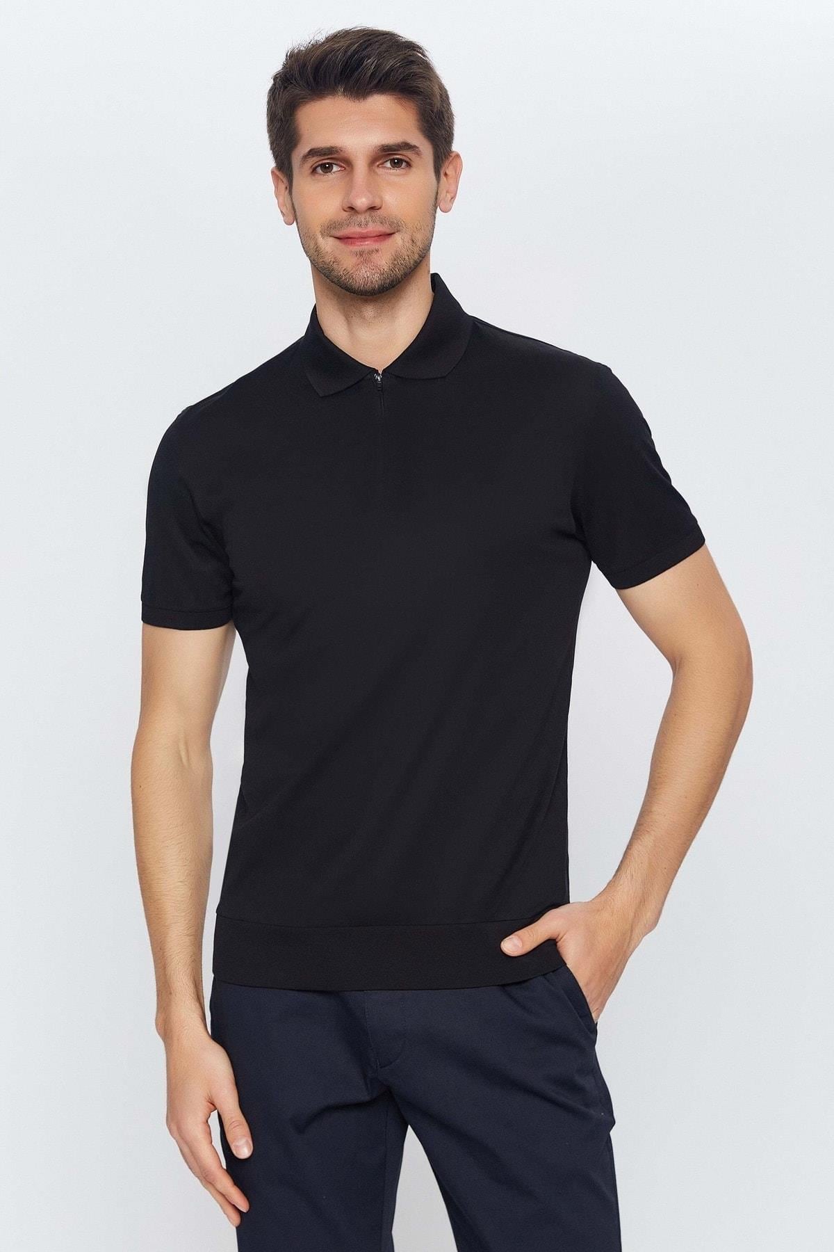 Erkek Siyah Fermuarlı Polo Yaka Kısa Kol Merserize Düz Basic T-shirt
