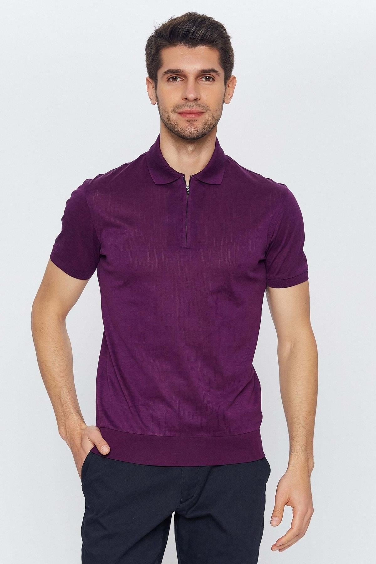 Koyu Mor Polo Yaka 100%pamuk Mercerize Kısa Kol T-shirt