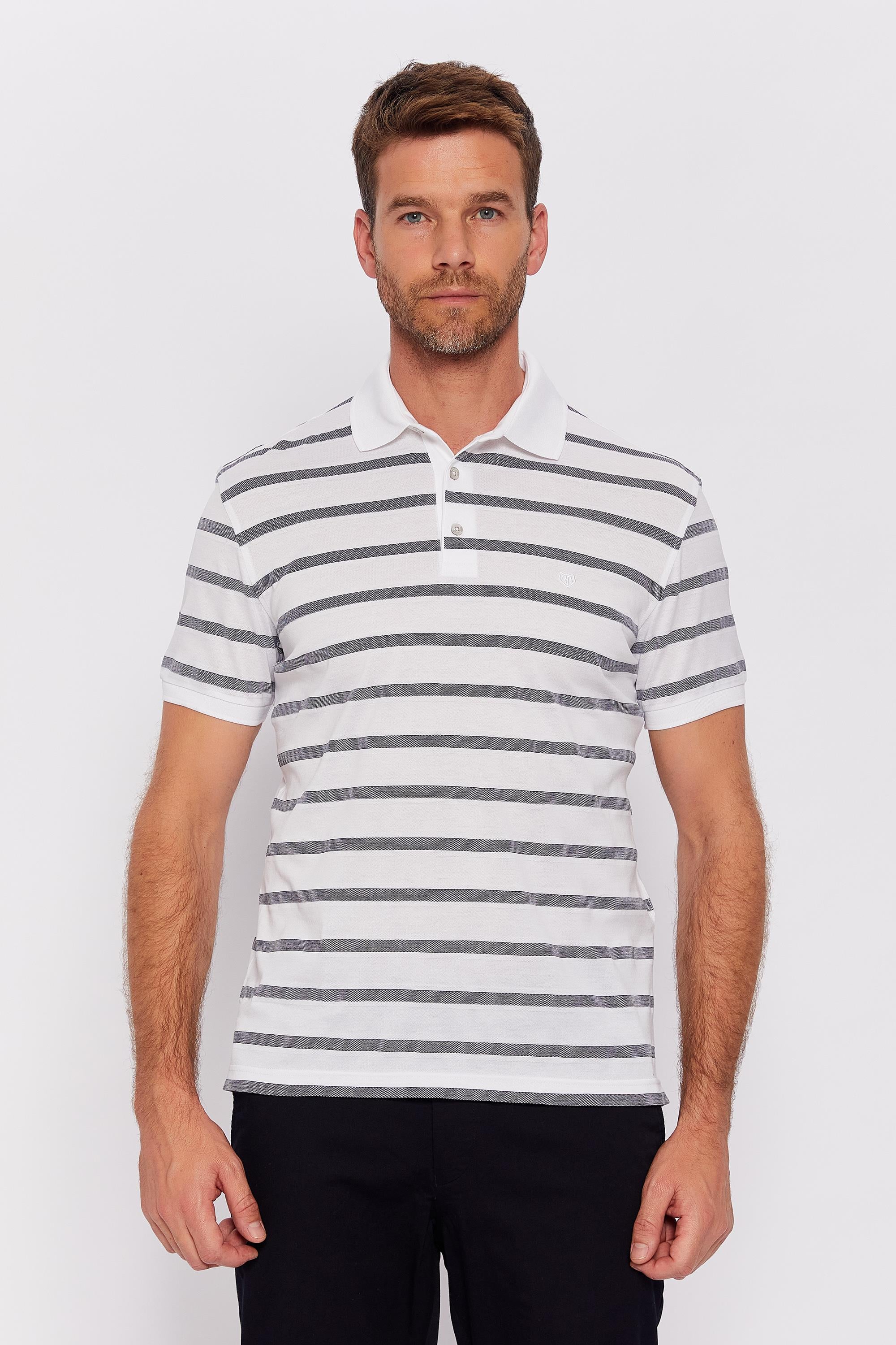 Romano Botta Beyaz-Lacivert Fermuarlı Polo Yaka Kısa Kol Çizgili T-shirt