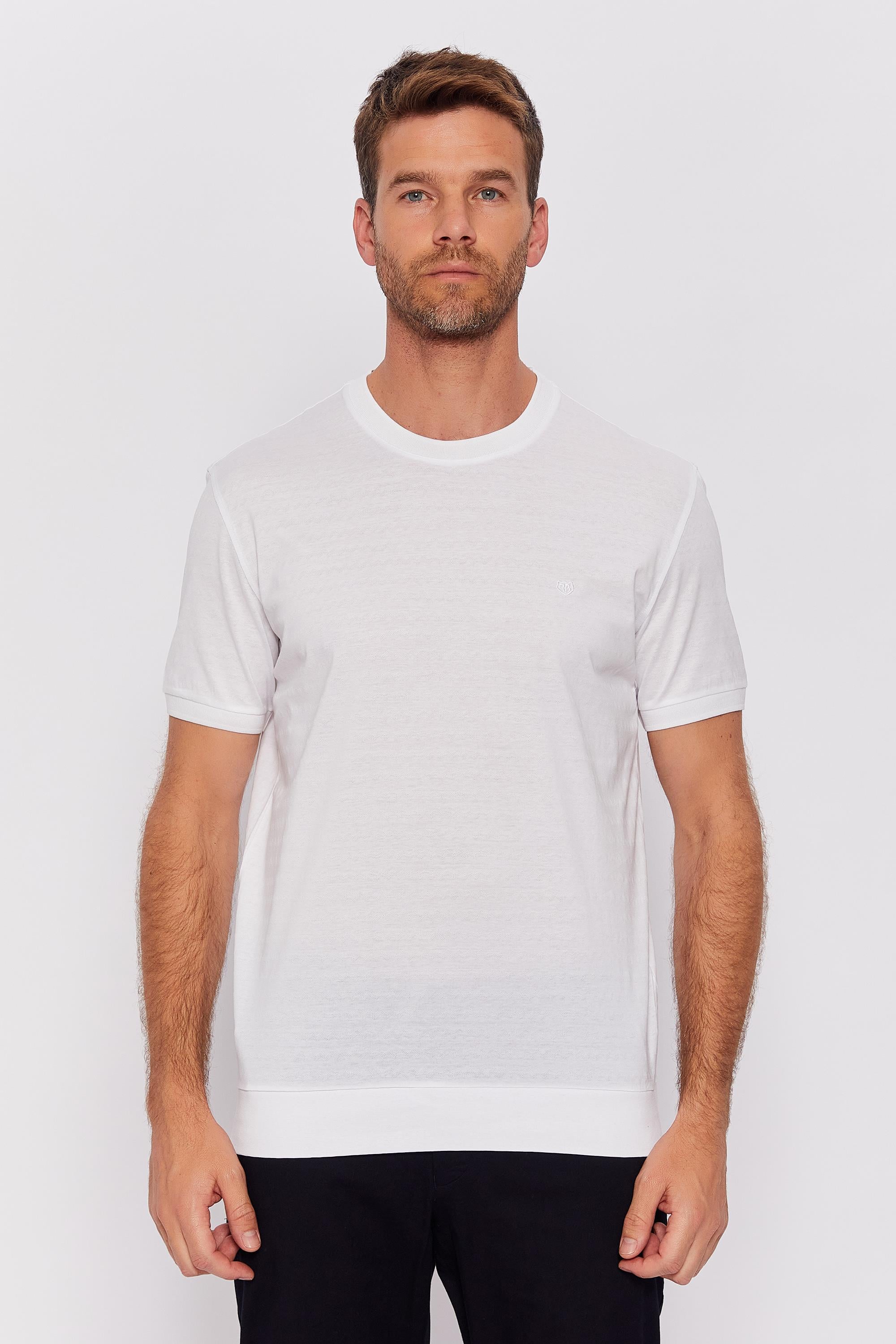 Romano Botta Beyaz Yuvarlak Yaka Kısa Kol Çizgili T-shirt