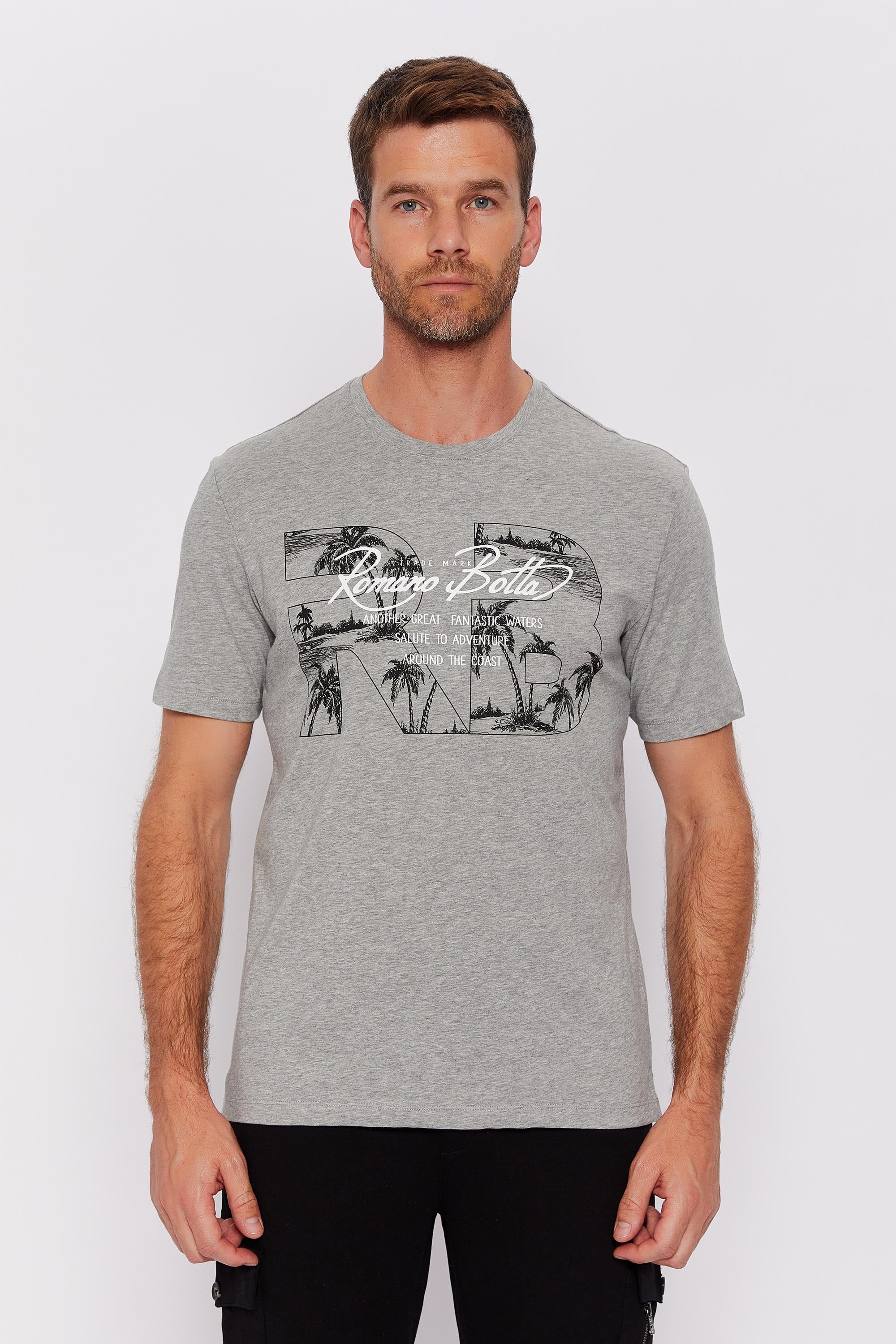 Romano Botta Gri Melanj Yuvarlak Yaka Kısa Kol Desenli T-shirt