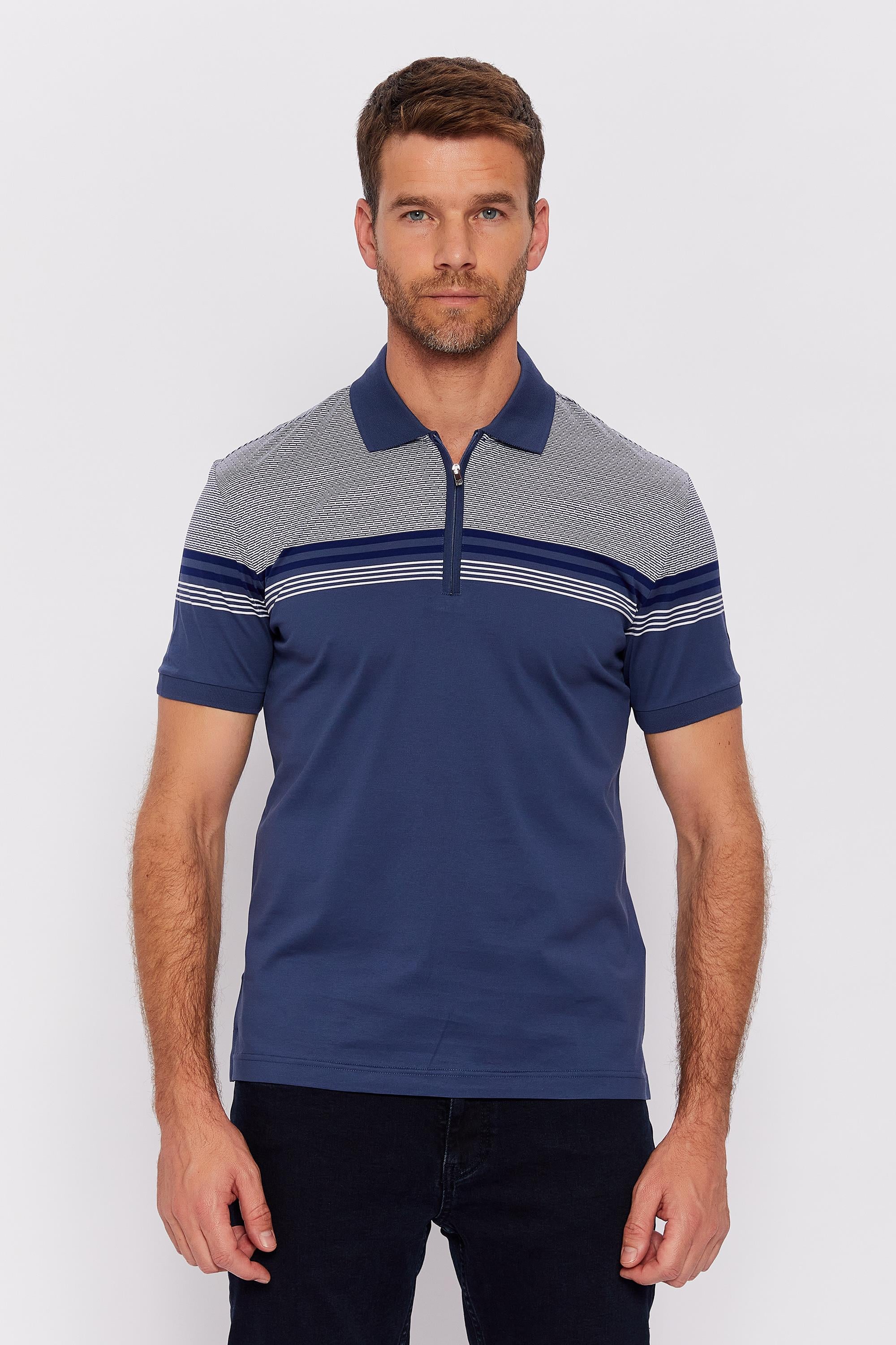 Romano Botta İndigo Mavi Fermuarlı Polo Yaka Kısa Kol Çizgili T-shirt
