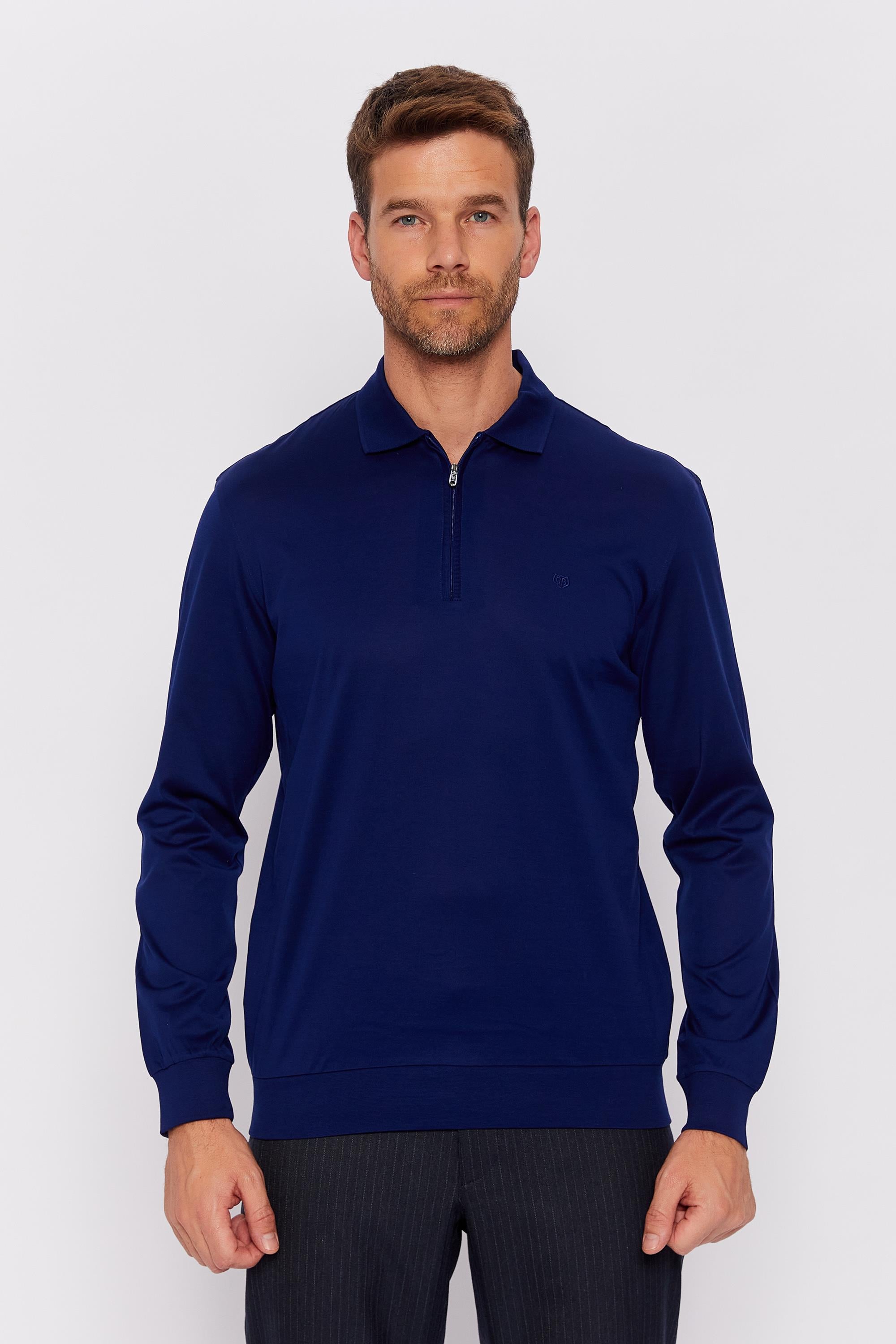 Romano Botta Koyu Mavi Fermuarlı Polo Yaka Uzun Kol Desenli T-shirt