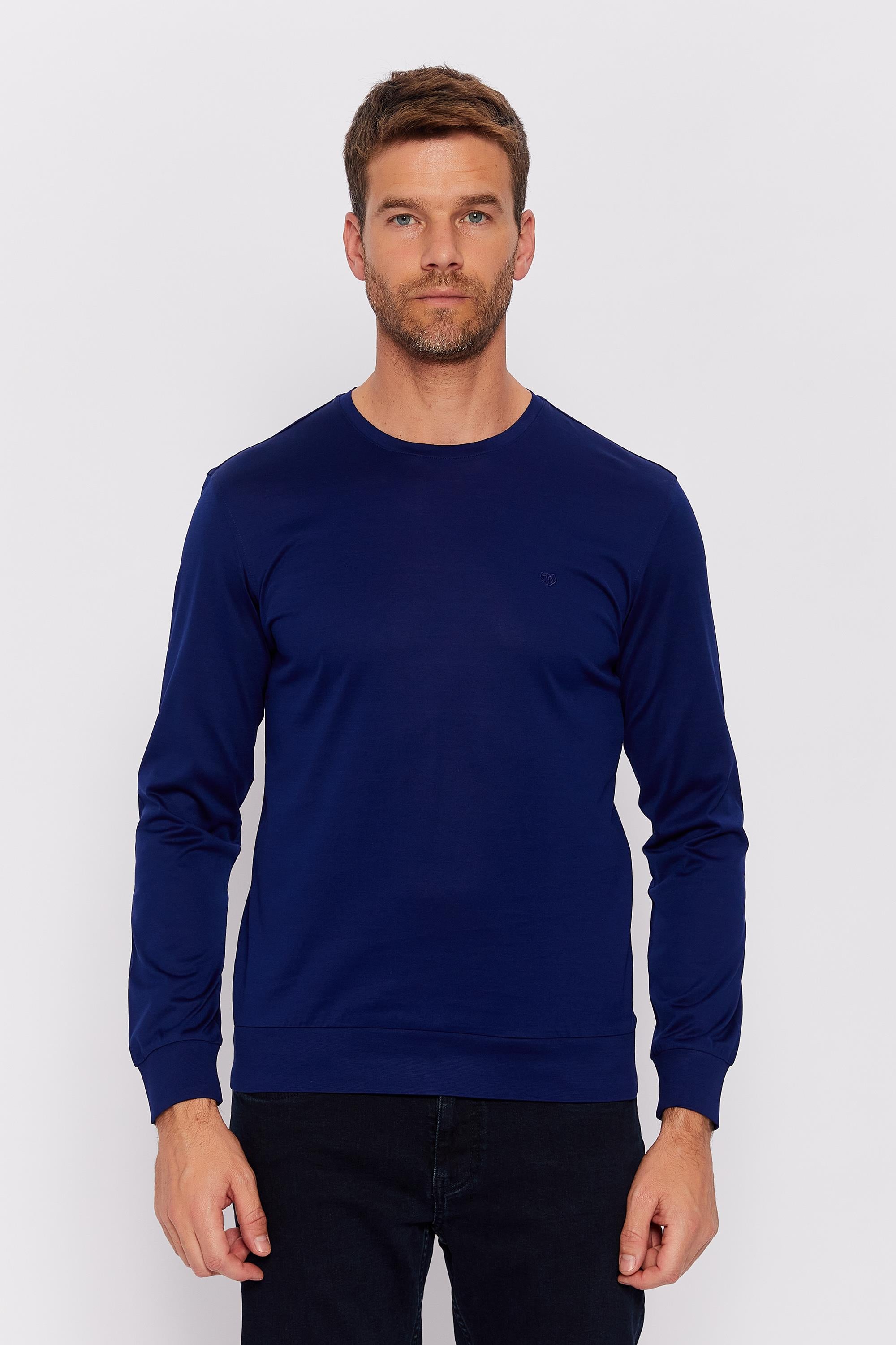 Romano Botta Koyu Mavi Yuvarlak Yaka Uzun Kol Düz T-shirt