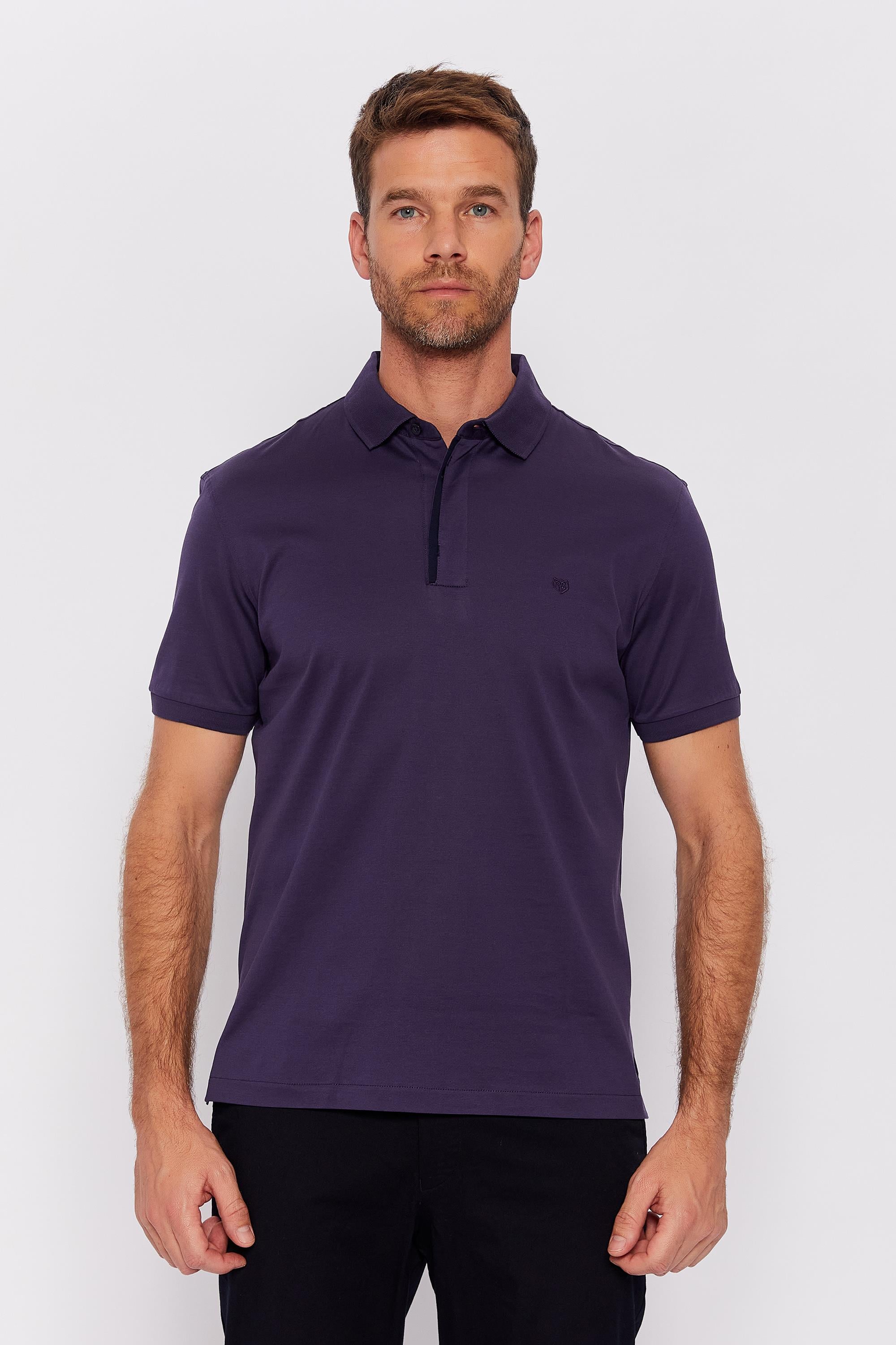 Romano Botta Koyu Mor Düğmeli Polo Yaka Kısa Kol Düz T-shirt