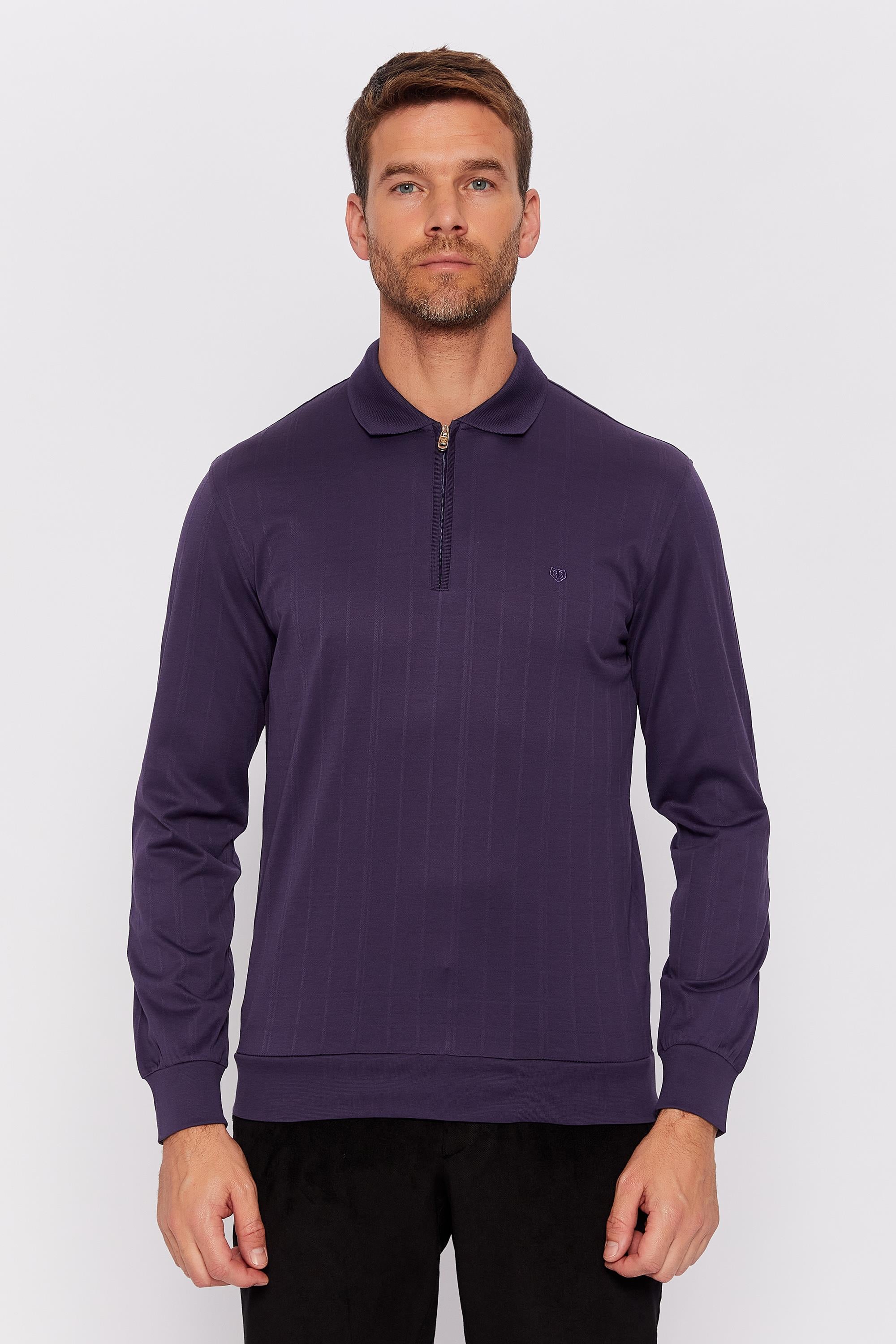 Romano Botta Koyu Mor Fermuarlı Polo Yaka Uzun Kol Desenli T-shirt