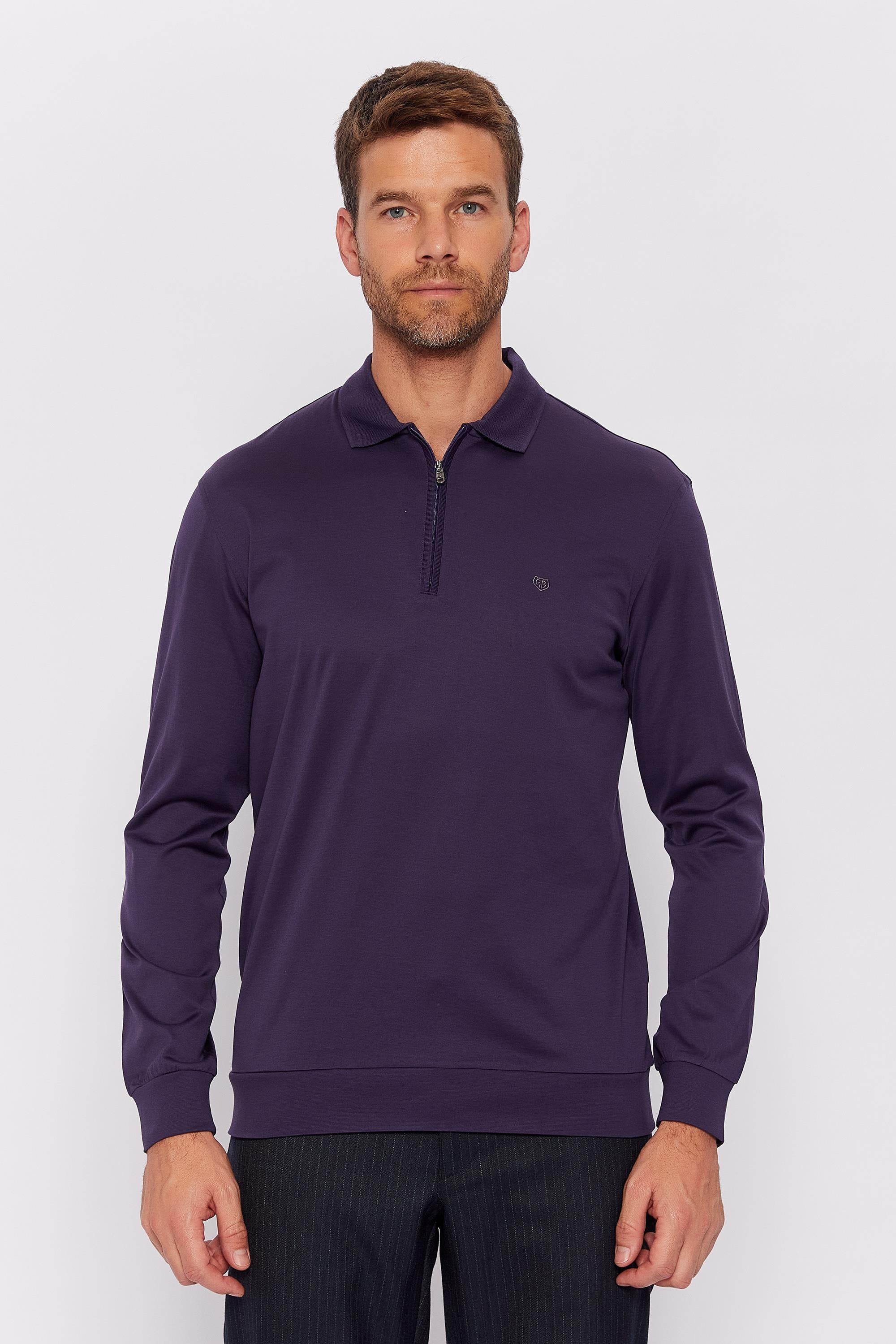 Romano Botta Koyu Mor Fermuarlı Polo Yaka Uzun Kol Desenli T-shirt