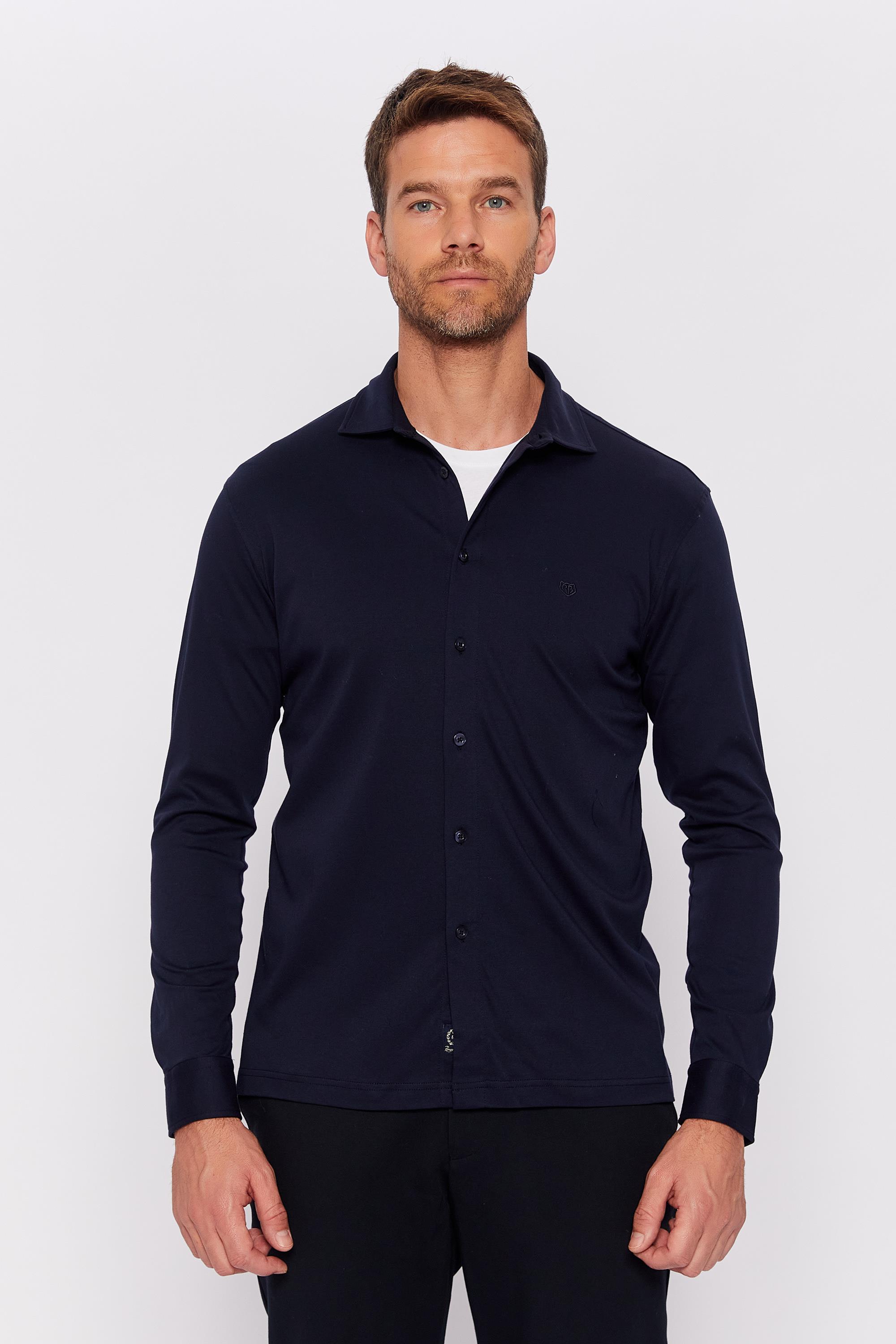 Romano Botta Lacivert Düz Regular Fit Yaka Düğmeli %100 Pamuk Gömlek